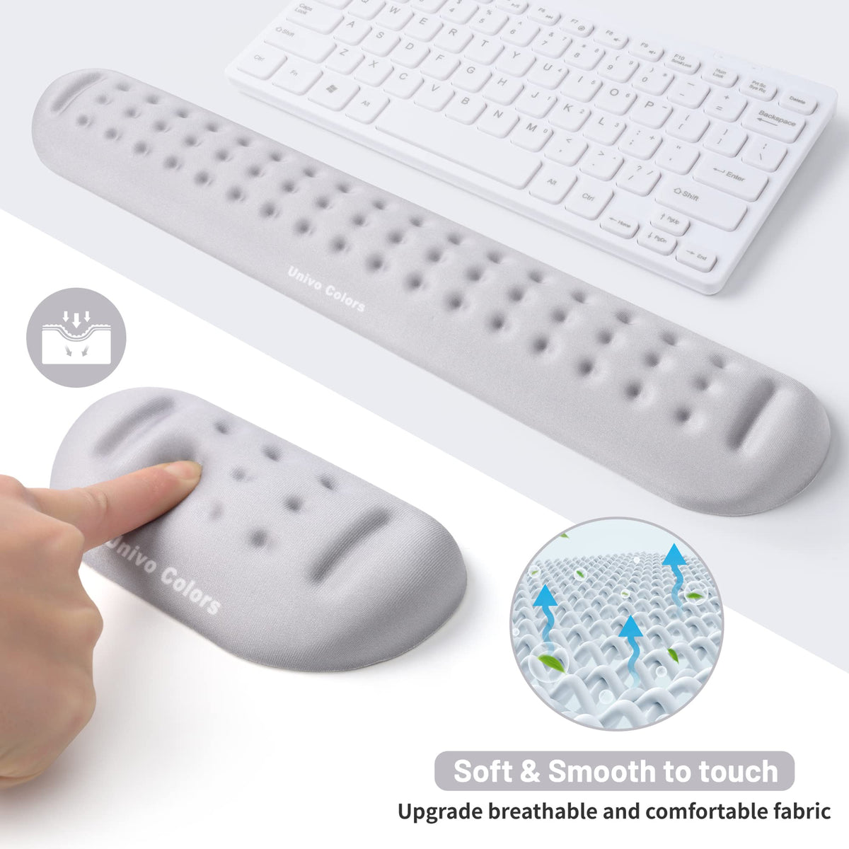 UnivoColors Gray Keyboard Wrist Support and Mouse Wrist Rest Set, Made of Memory Foam Soft Gel