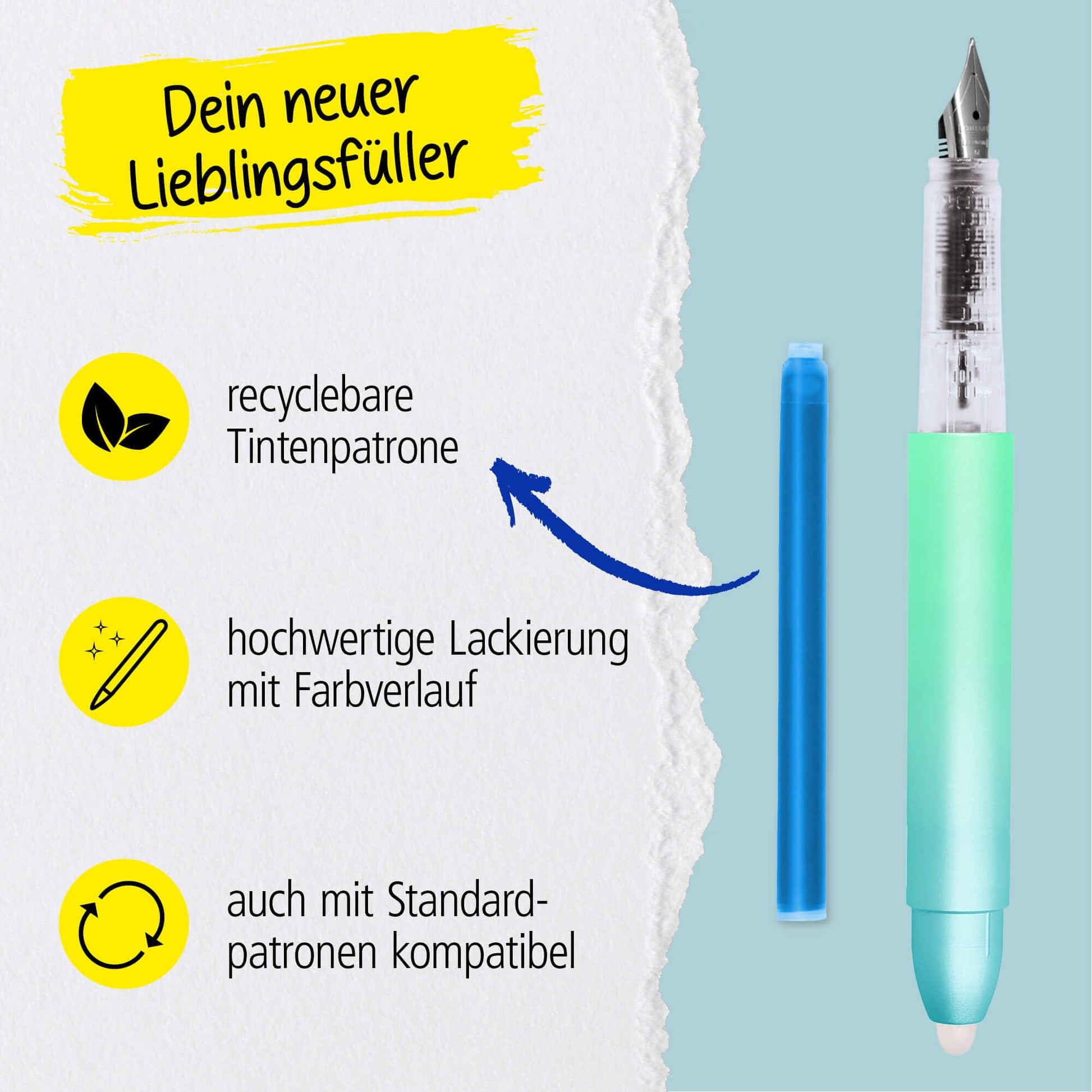 ONLINE MagiXX Turquoise Dream Fountain Pen with Erasable Blue Ink I Includes 4 MagiXX Cartridges I