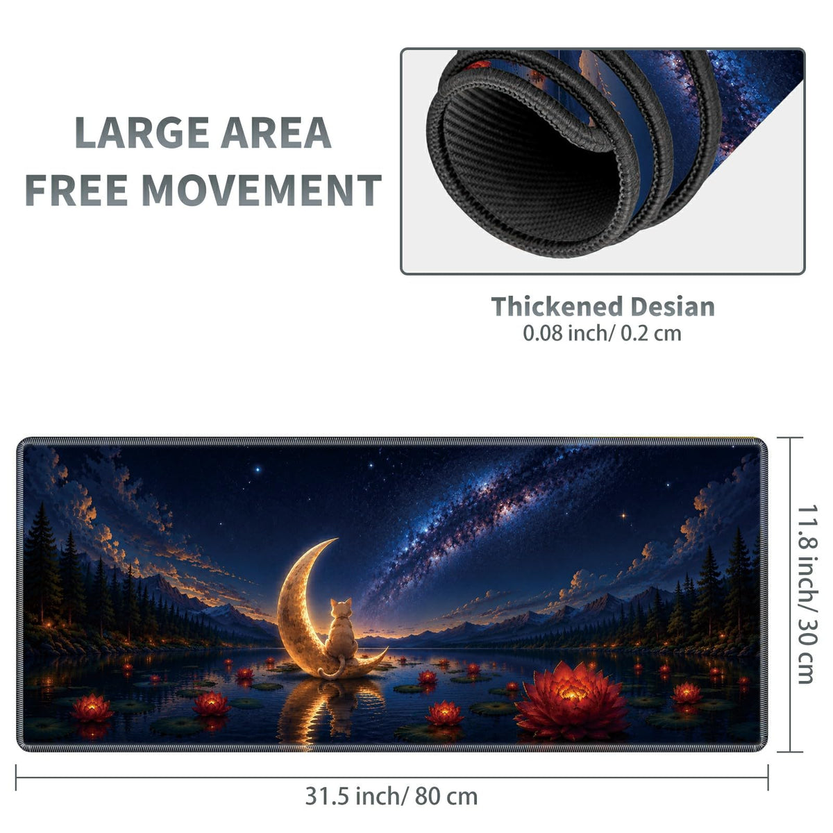 Lotus Moon Cat Large Mouse Pad, 31.5 x 11.8 in Extended Desk Mat
