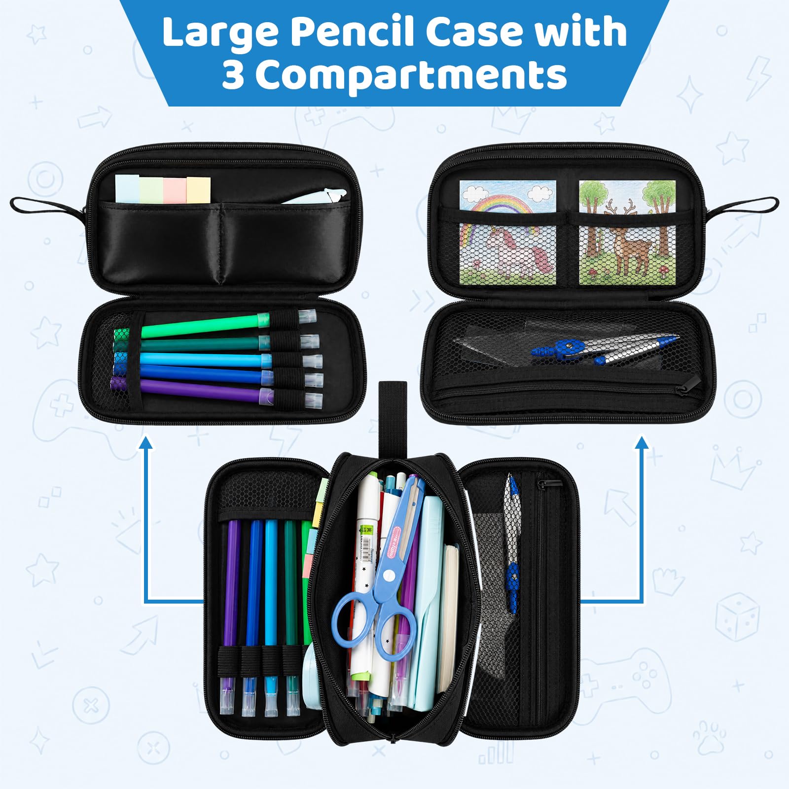 Easozoom Game Controller Pencil Case for Boys Kids Teens, Large Capacity Pencil Pouch with 3