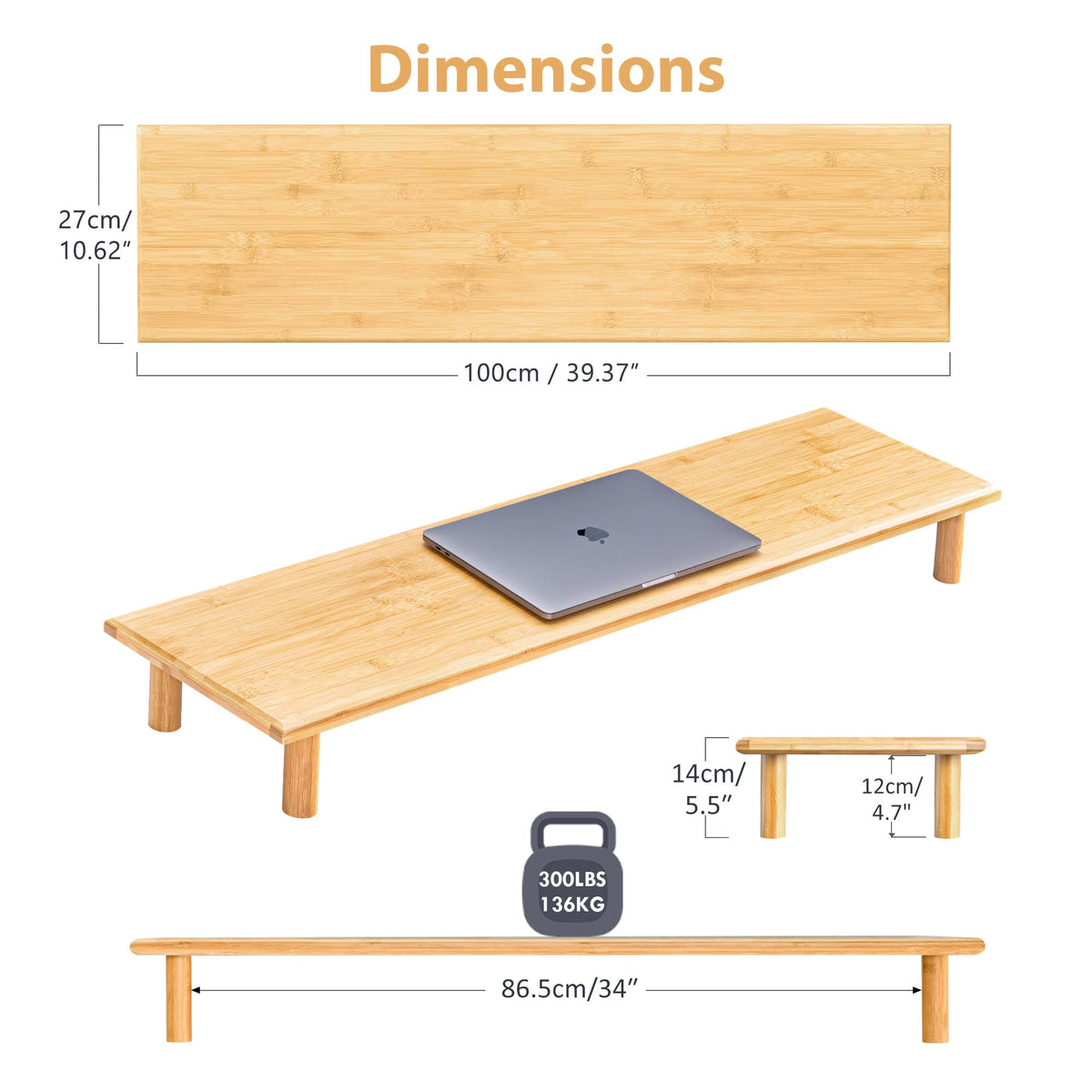 ROCDEER Bamboo Dual Monitor Stand Riser, Natural Desktop Shelf with Storage