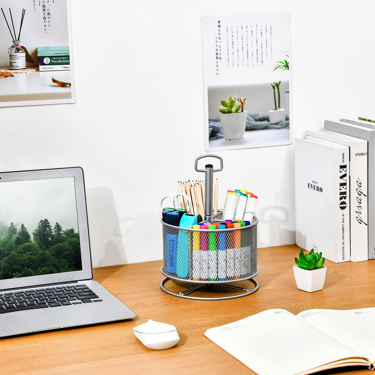 Marbrasse Mesh Desk Organizer, 360-Degree Rotating Multi-Functional Pen Holder, 4 Compartments