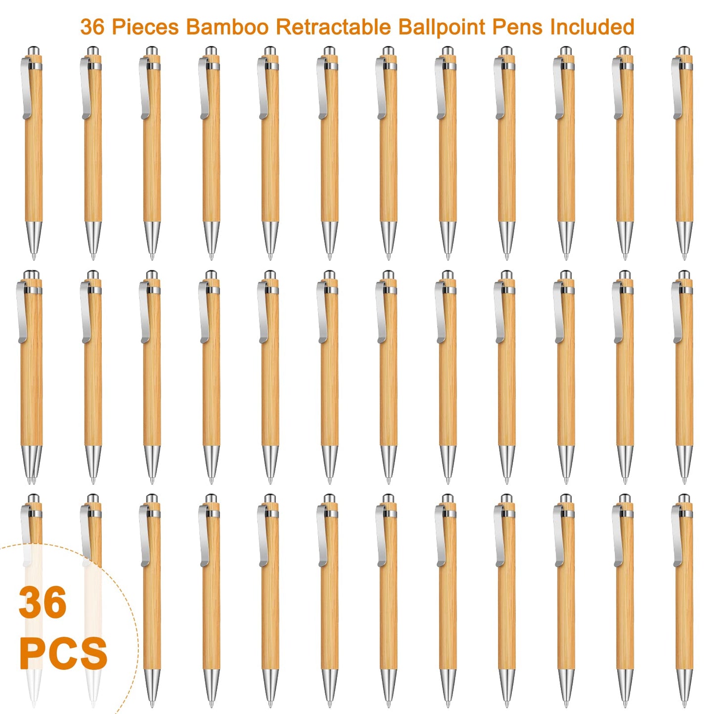 Outus 36 Pieces Bamboo Wooden Retractable Ballpoint Pen Black Ink 1 mm Pens Refills Products Set
