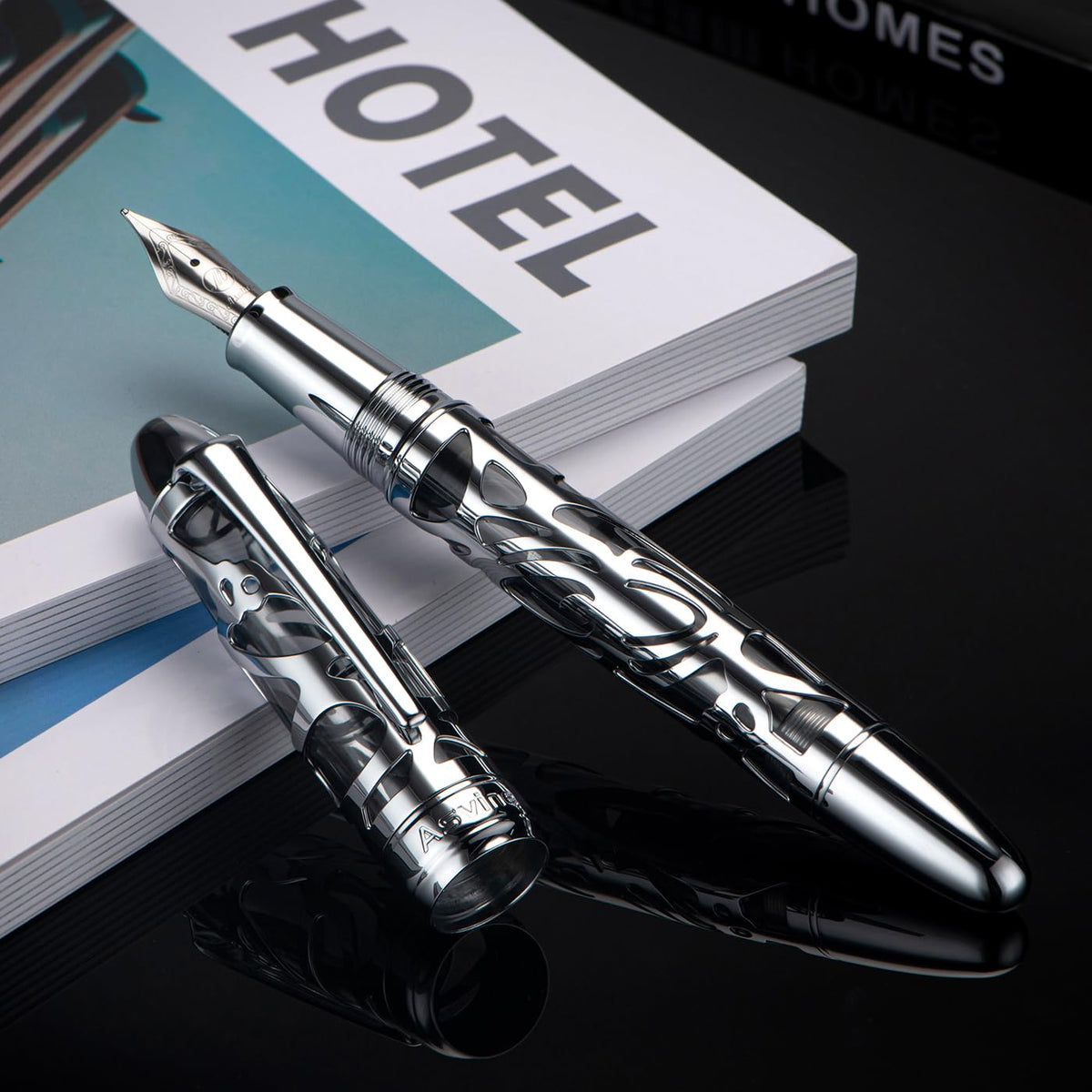 Asvine P80 Piston Filling Fountain Pen Fine Nib, Spider Skeleton Transparent Gray Acrylic Pen Case