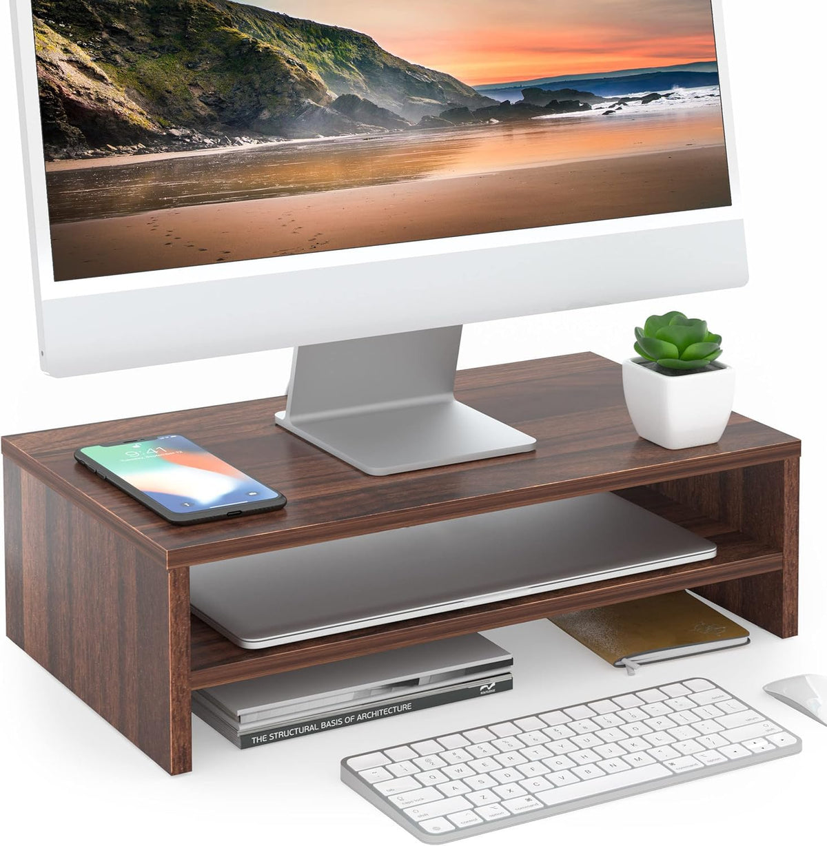 FITUEYES Wooden Monitor Stand Riser, 2-Tier Desk Storage Shelf, Brown
