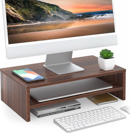 FITUEYES Wooden Monitor Stand Riser, 2-Tier Desk Storage Shelf, Brown