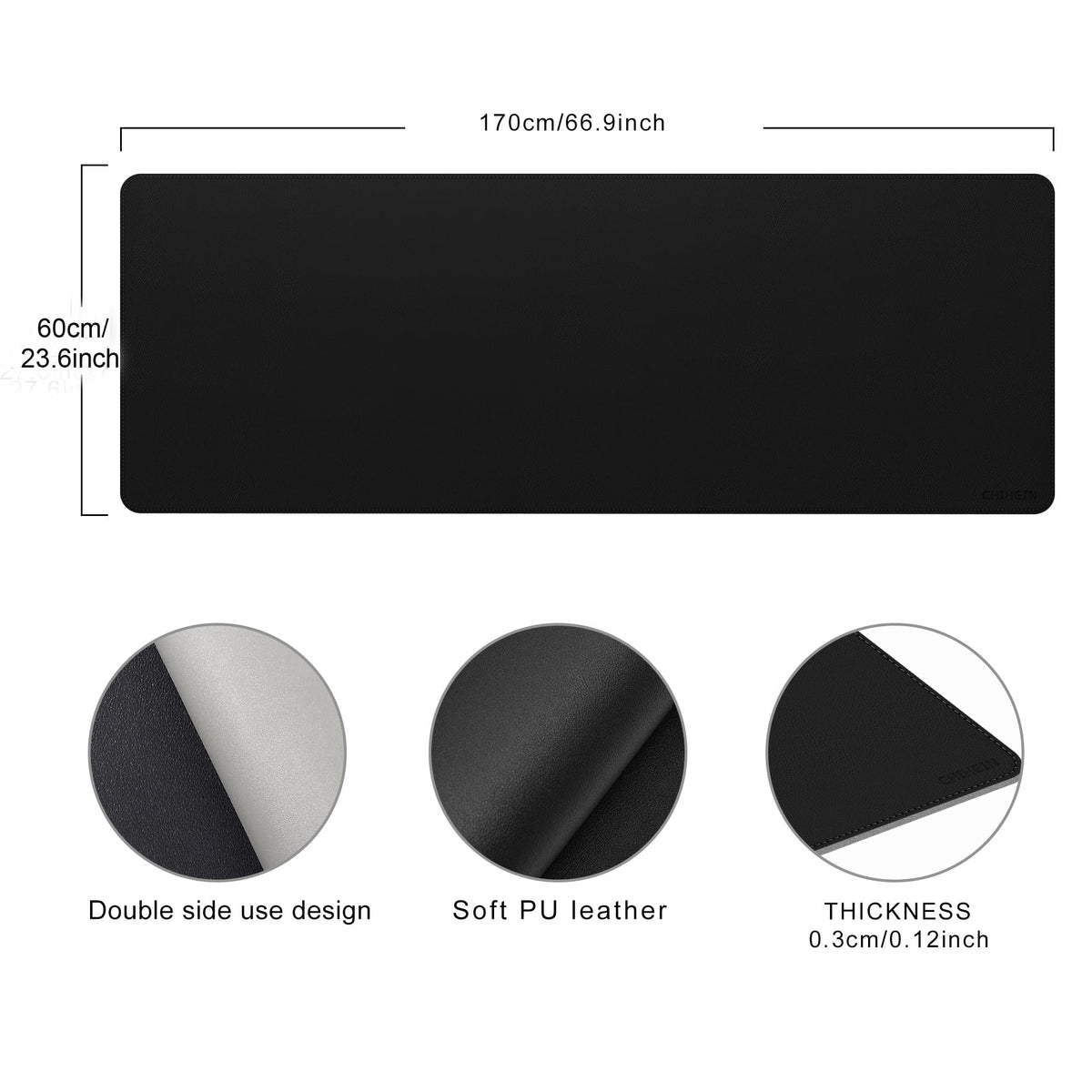 Chihein 67" x 24" 4XL PU Leather Desk Mat (Black/Gray), Huge Mouse Pad, Dual Sided Desk Pad