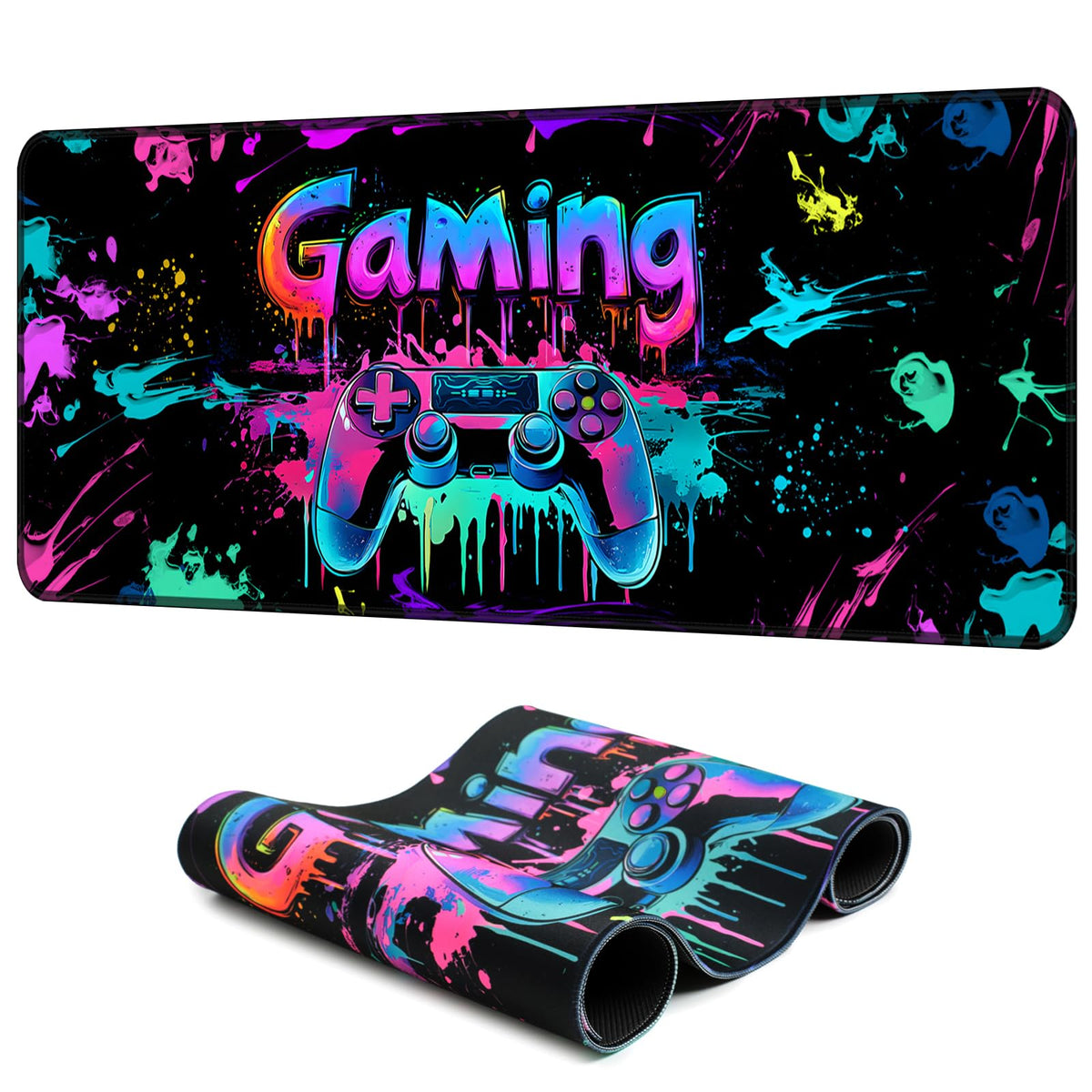 SparkLia Gaming Mouse Pad, X-Large Waterproof Blacklight Colorful Splatter Art Game Controller