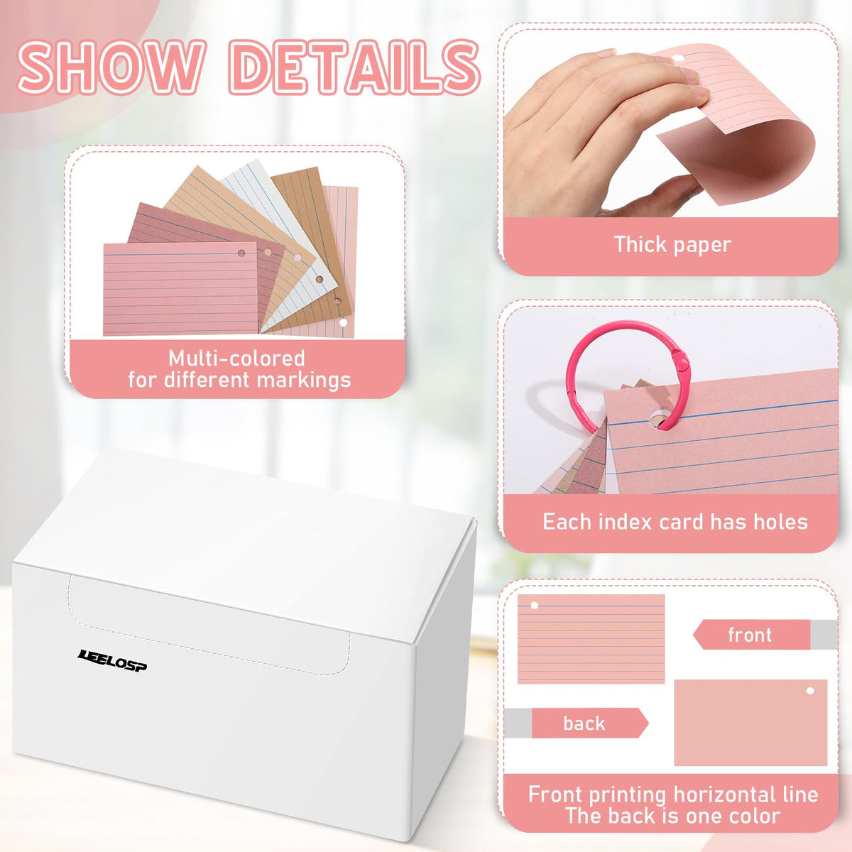 Leelosp 3 x 5 in Colored Index Cards, Study Flash Cards, Pink Series