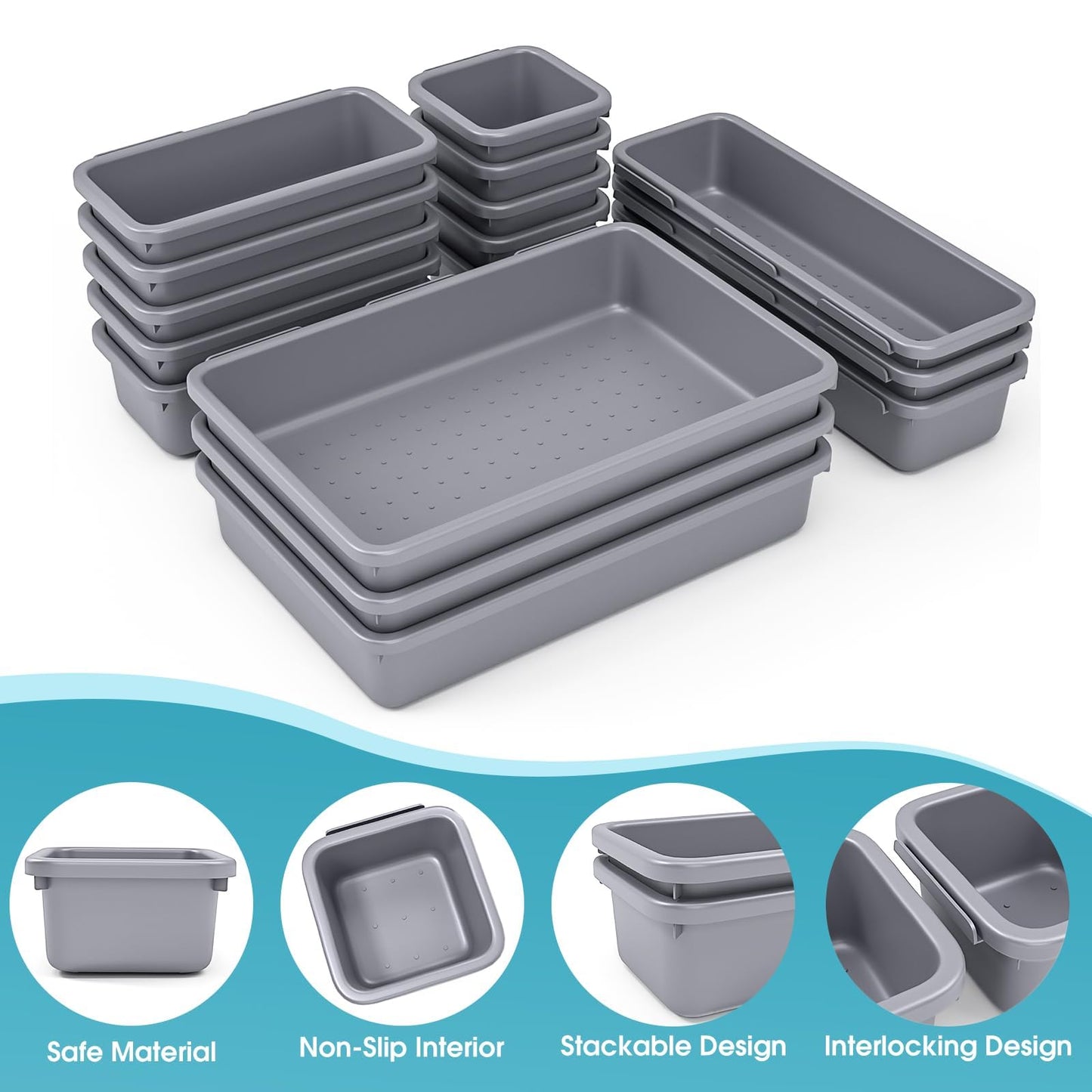 16 PCS Drawer Organizer Set, 4 Size Makeup Drawer Divider Organizer With Non-Slip Pads