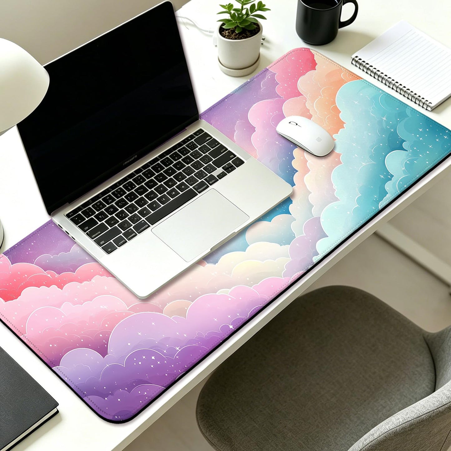 JIANG100 Dreamy Colorful Cloud Star Gaming Desk Mat & Large Mouse Pad, Pink