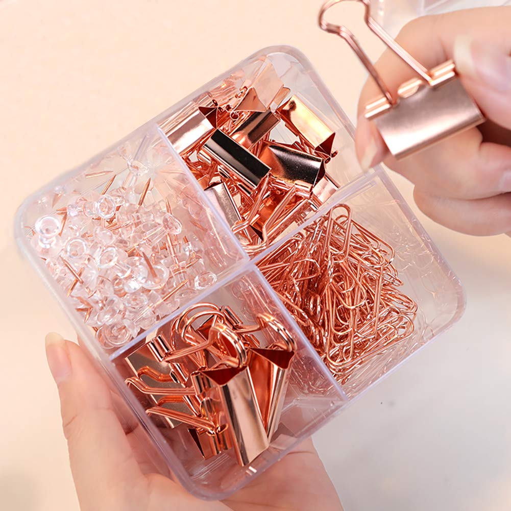 SF ITEM Binder Clips Paper Clips Push Pins Sets with Box for Office,School and Home Supplies (Rose