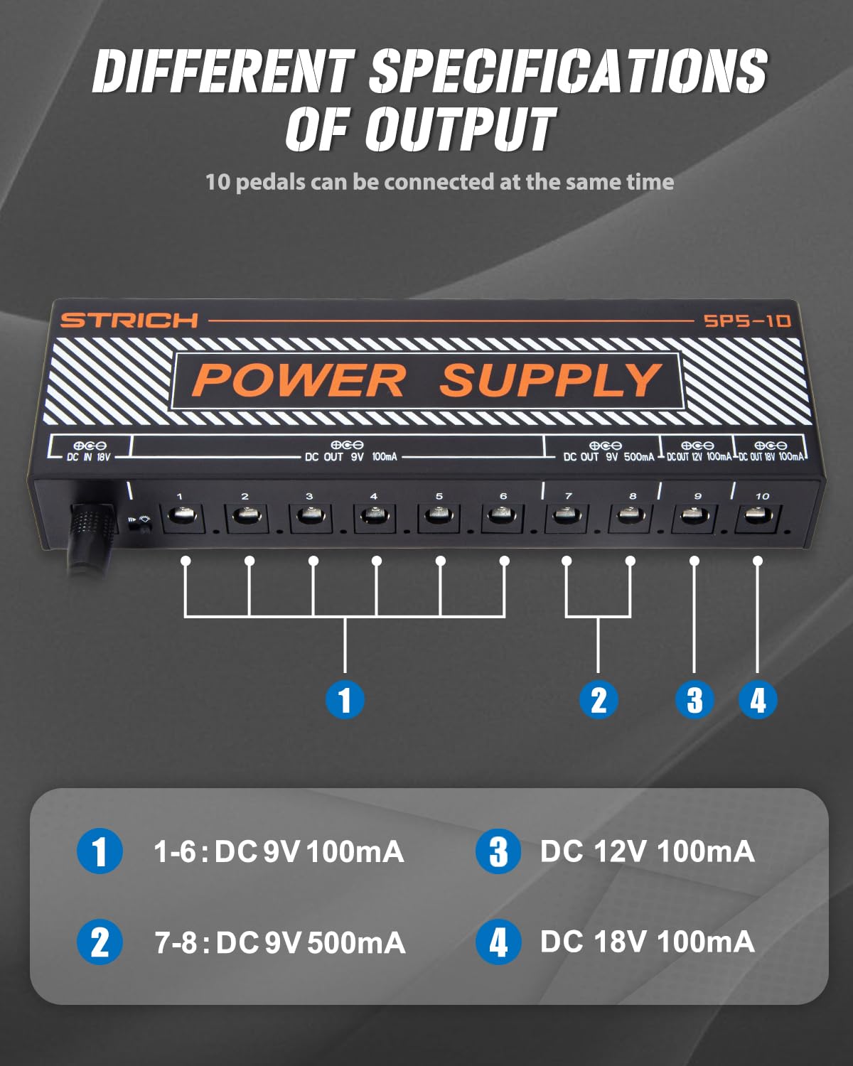 SPS-10 Guitar Power Supply 10 Independent DC Output for 9V/12V/18V (100mA/500mA) Effect Pedal