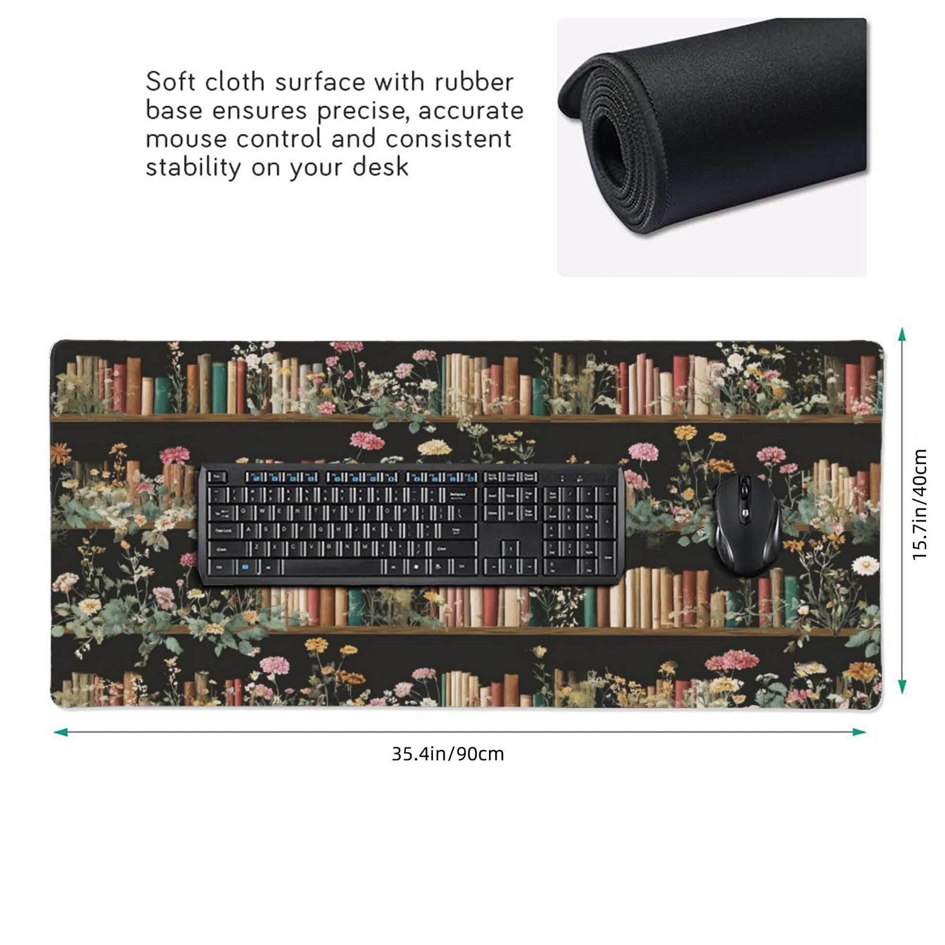 Dark Academia Floral with Books & Bookshelf XXL Desk Pad - Extra Large Anti-Slip Mouse Pad with
