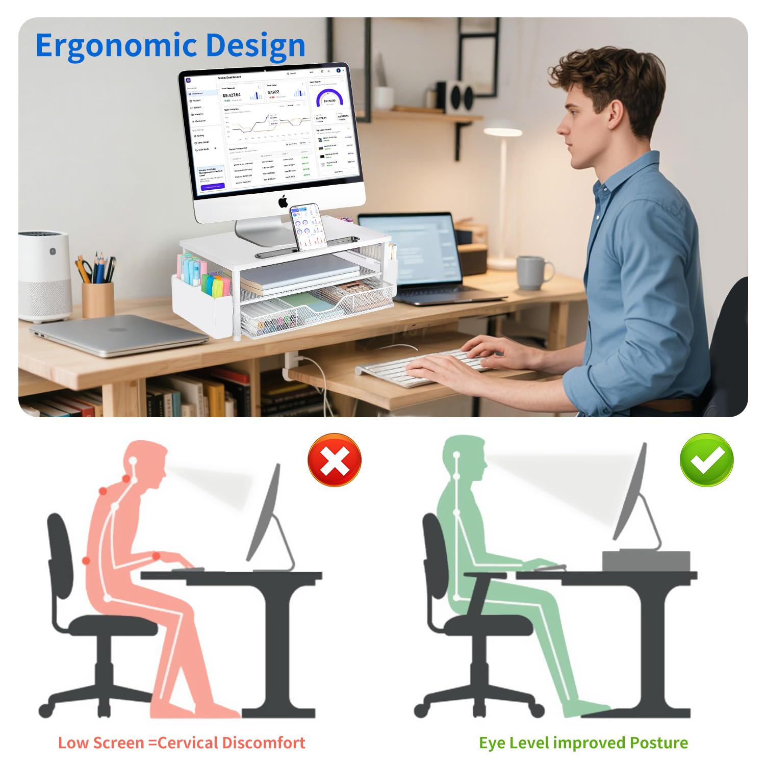 AUPSEN White Monitor Stand Riser, 2-Tier Wood Computer Desk Organizer with Drawer, Pen Storage &