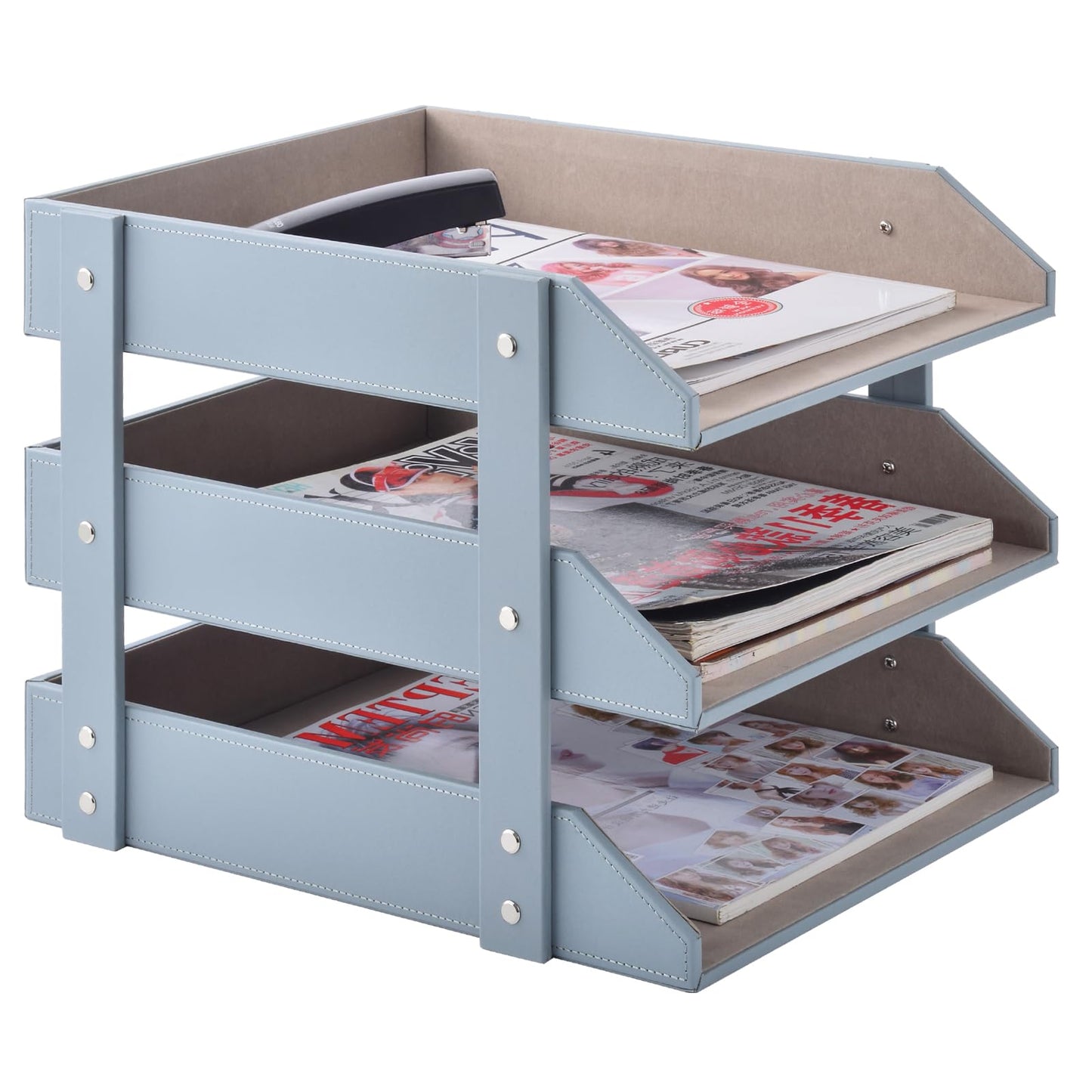Leather Desk Organize Holder,3-Layer Stackable Letter Tray,Used to Store