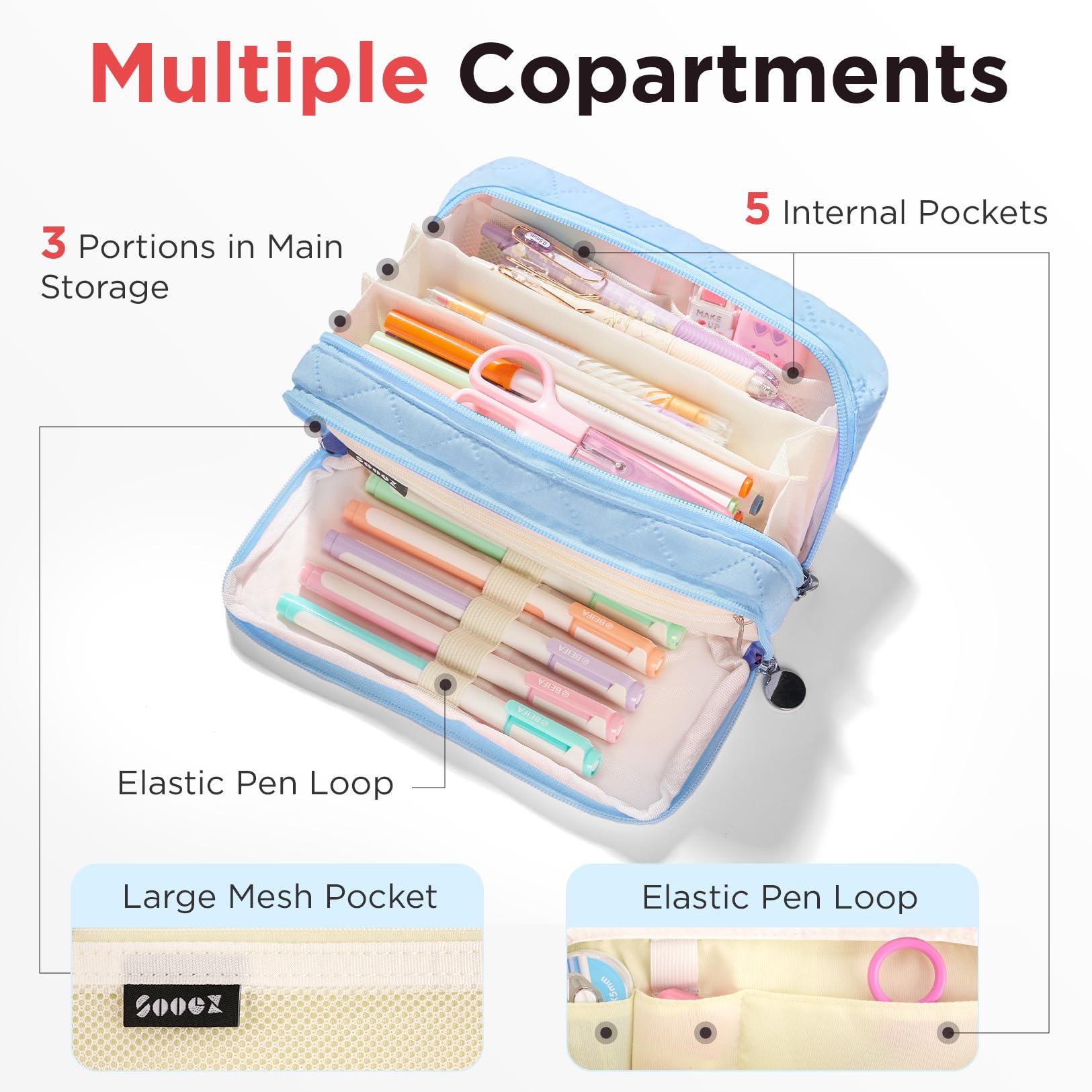 Sooez Large Pencil Case Pouch, Extra Big Pencil Bag with 8 Compartments, Pen Bag Wide Opening, Soft