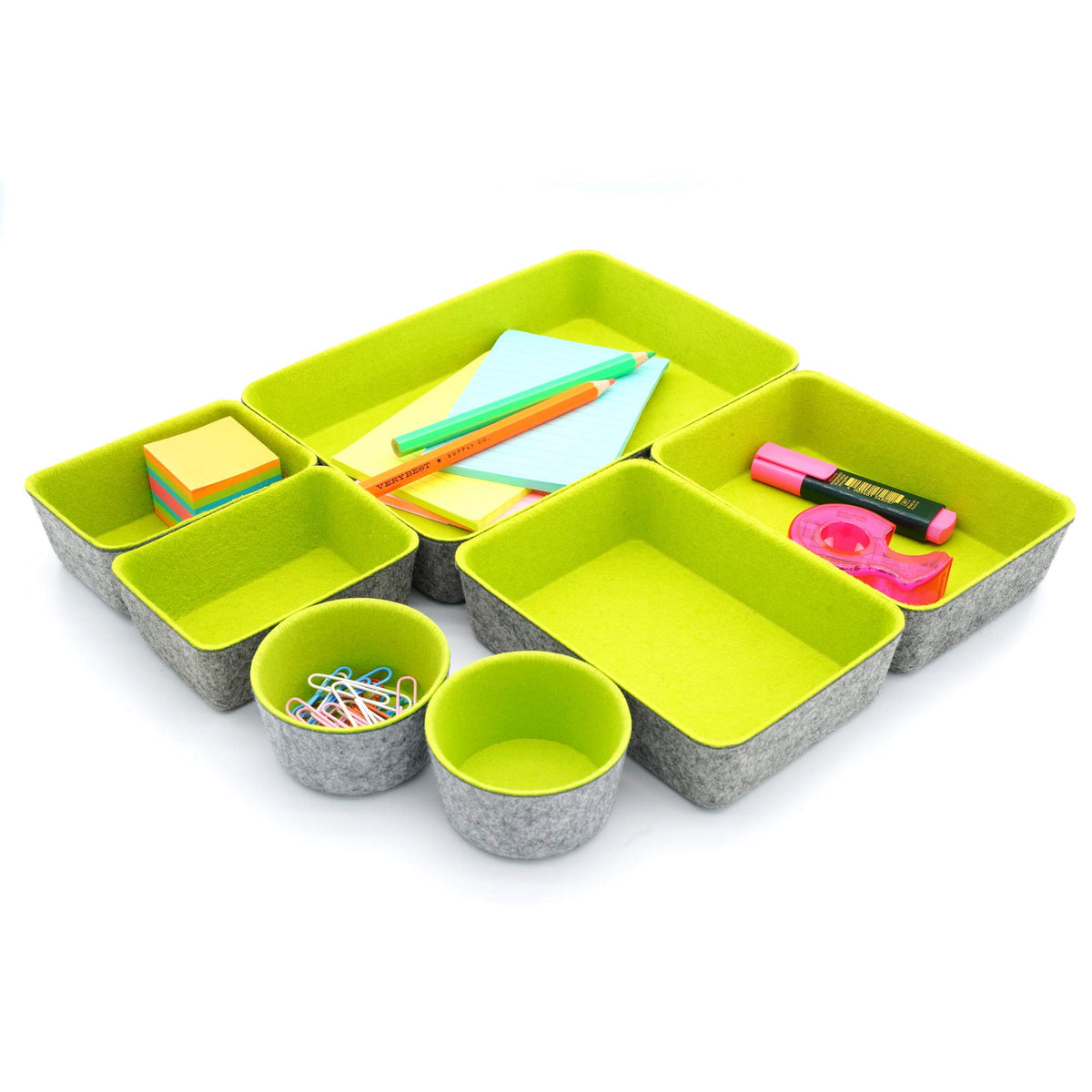 Welaxy Felt Drawer Organizer Bin 7 pc Green Desk Nightstand Catchall Tray