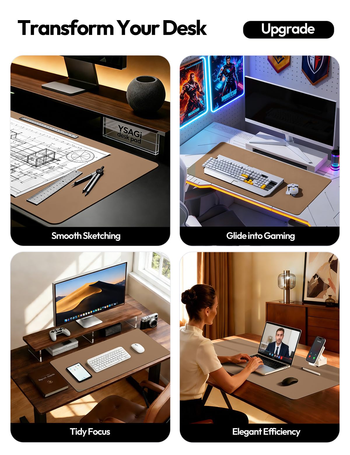 YSAGi Leather Desk Protector, Office Mat, Large Mouse Mat, Non-Slip PU Leather Blotter, Laptop Desk