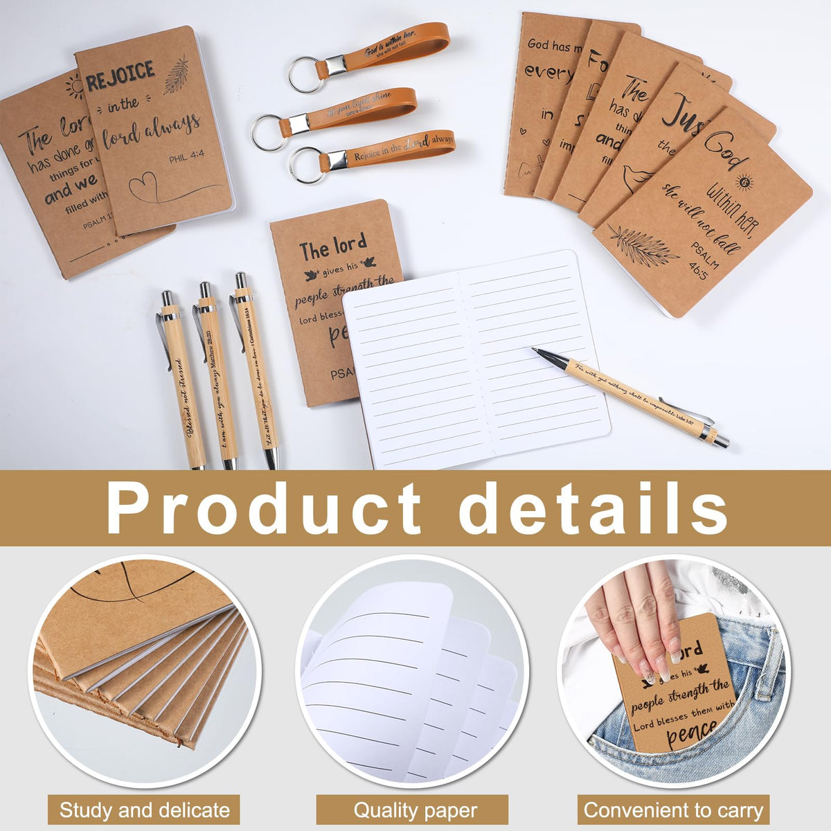 PerKoop 48 Pcs Christian Party Favors 3 x 5 Inch Religious Notepads Pens Bible Verse Keychains Bulk
