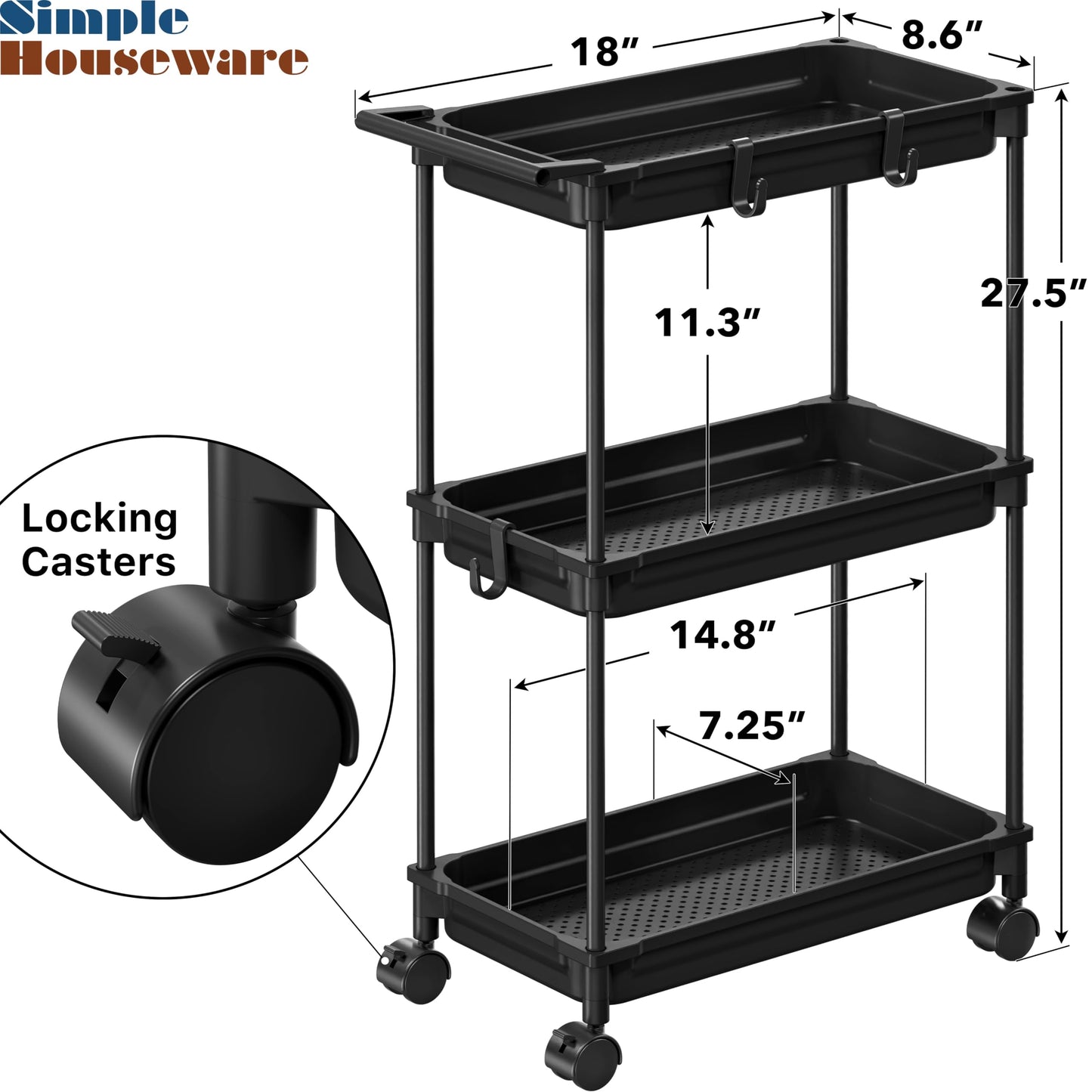 SimpleHouseware Standard 3-Tier Slim Rolling Storage Cart, Black