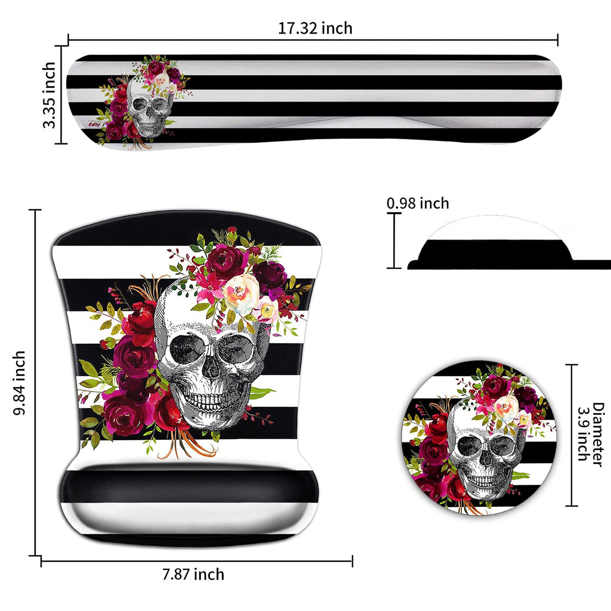 Ergonomic Mouse Pad Wrist Support Gel and Keyboard Wrist Rest Set Skull Flower Design for Laptop