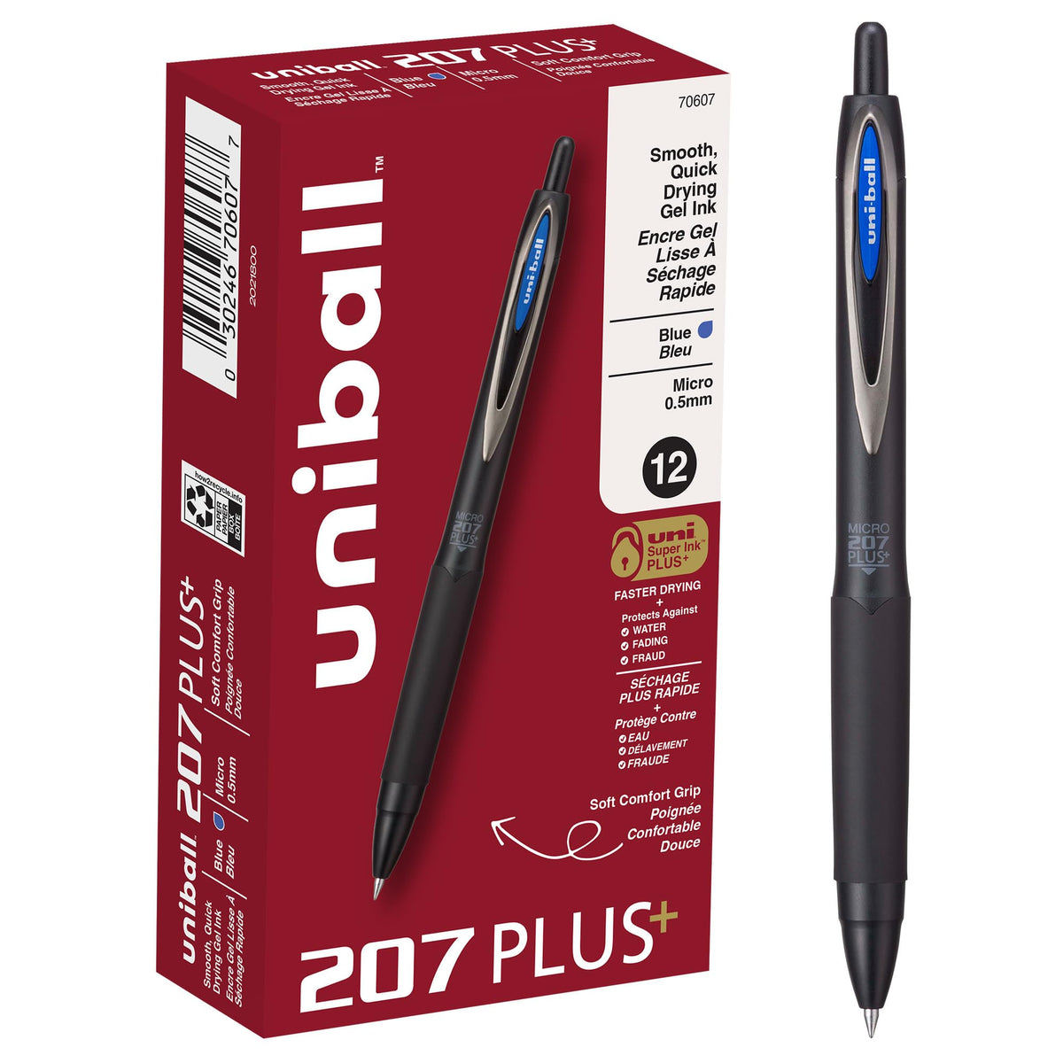 uniball™ 207 Plus+ Gel Pens, Blue Ink, 0.5mm Micro Point, 12 Count