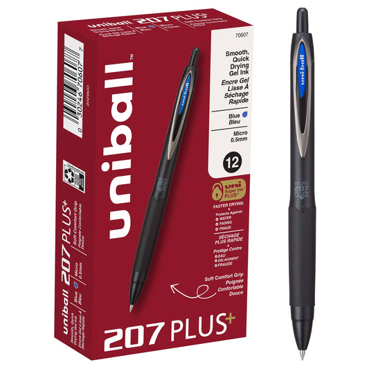 uniball™ 207 Plus+ Gel Pens, Blue Ink, 0.5mm Micro Point, 12 Count