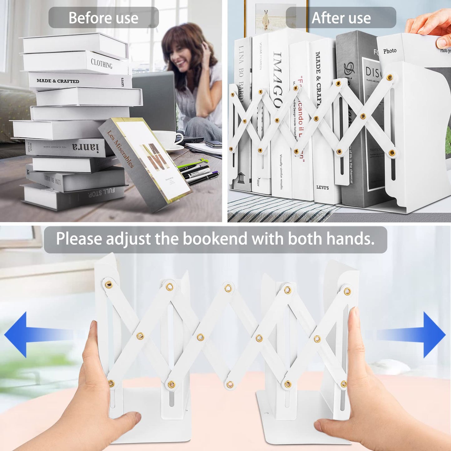 Non Skid Book Ends to Hold Books, Carooyac Heavy Duty Bookends Adjustable Book End, Metal Bookends