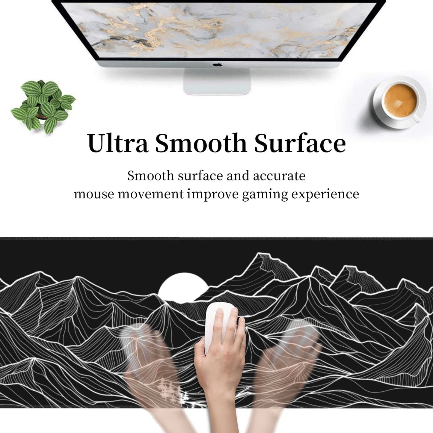 Abstract Mountain Black White XXL XL Large Gaming Mouse Pad for Desk, Non-Slip Long Extended
