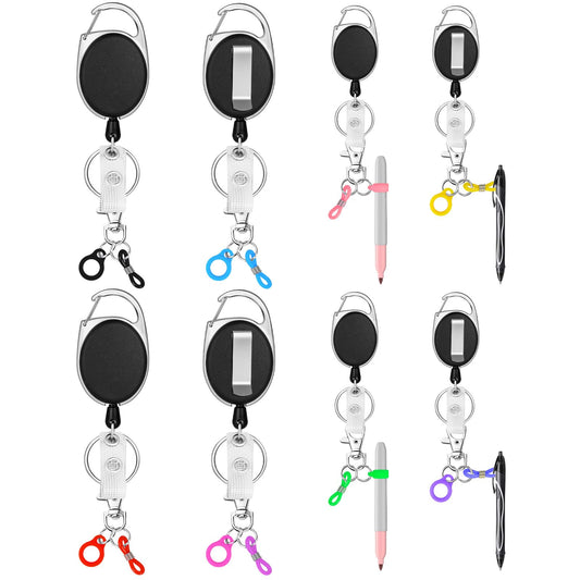 8 Pack Retractable Pen Holder with 32 in Dyneema Cord, Silicone Ring