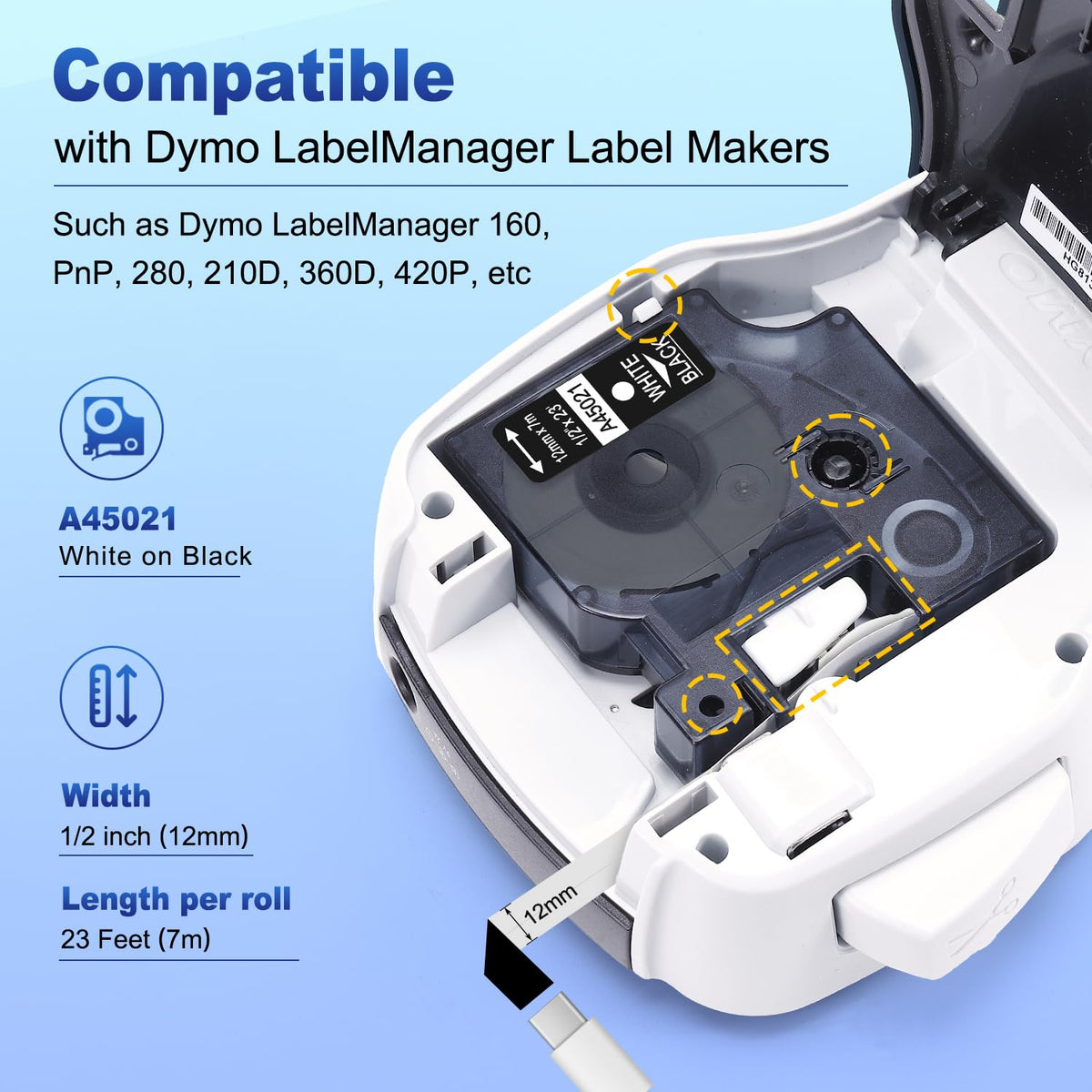 6-Pack Compatible with Dymo White on Black D1 Label Tape 45021 a45021 12mm
