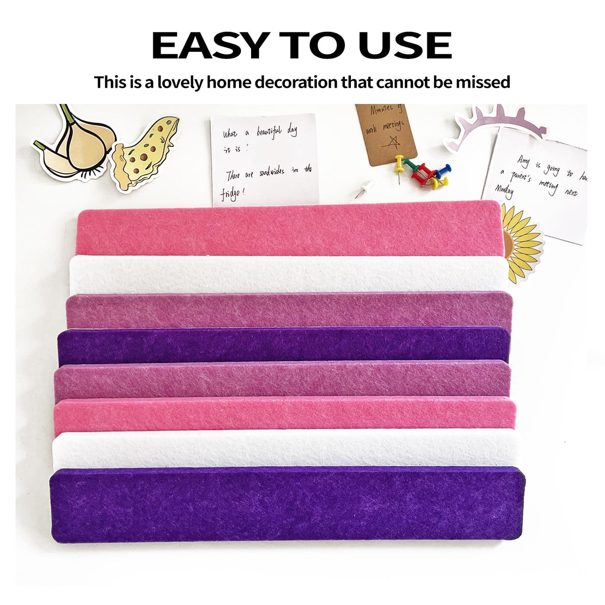 8 Pcs Purple Pink White Felt Pin Board Bar Strips Bulletin Board ，Self-Adhesive Bulletin Board Bar