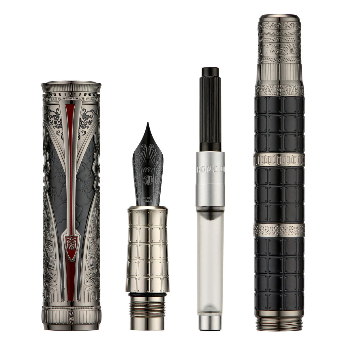 Hongdian D5X Fountain Pen Black Fine Nib, Qin Dynasty Retro Chinese Totem Engraving with Converter