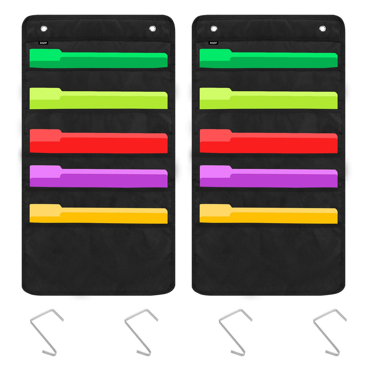Sinzip 2 Pack Heavy Duty 5 Pocket Door Hanging File Organizer, Black Wall Storage Pocket Charts