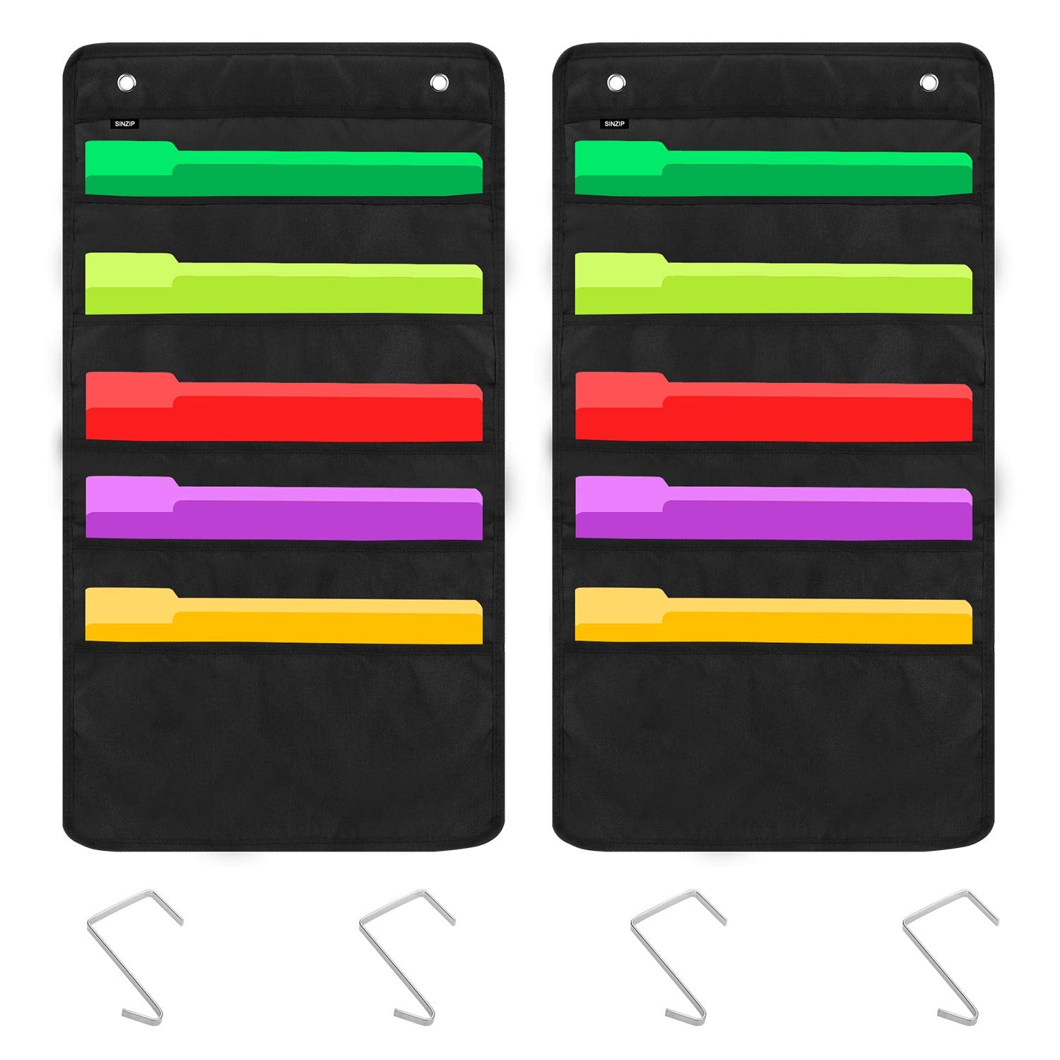 Sinzip 2 Pack Heavy Duty 5 Pocket Door Hanging File Organizer, Black Wall Storage Pocket Charts