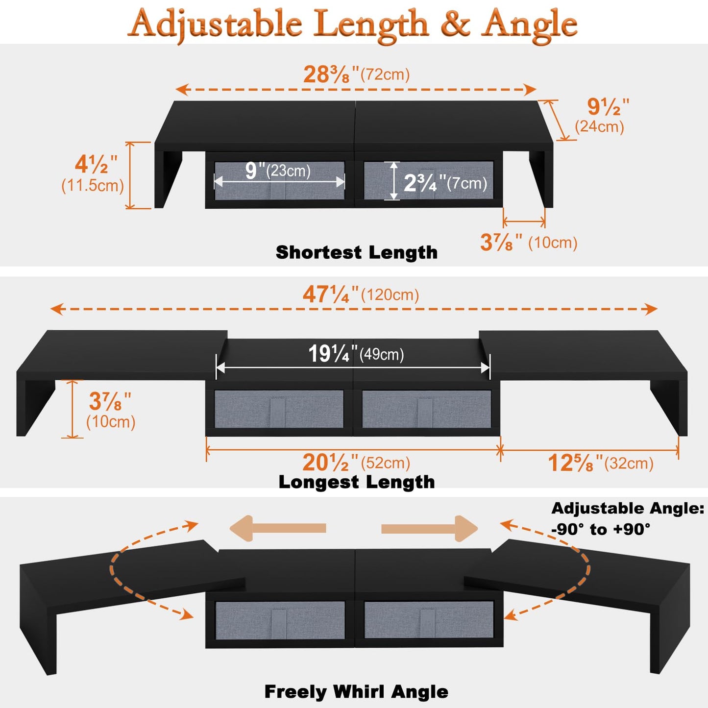TEAMIX Wood Dual Monitor Stand Riser with Drawers-Length and Angle Adjustable Triple Monitor Stand