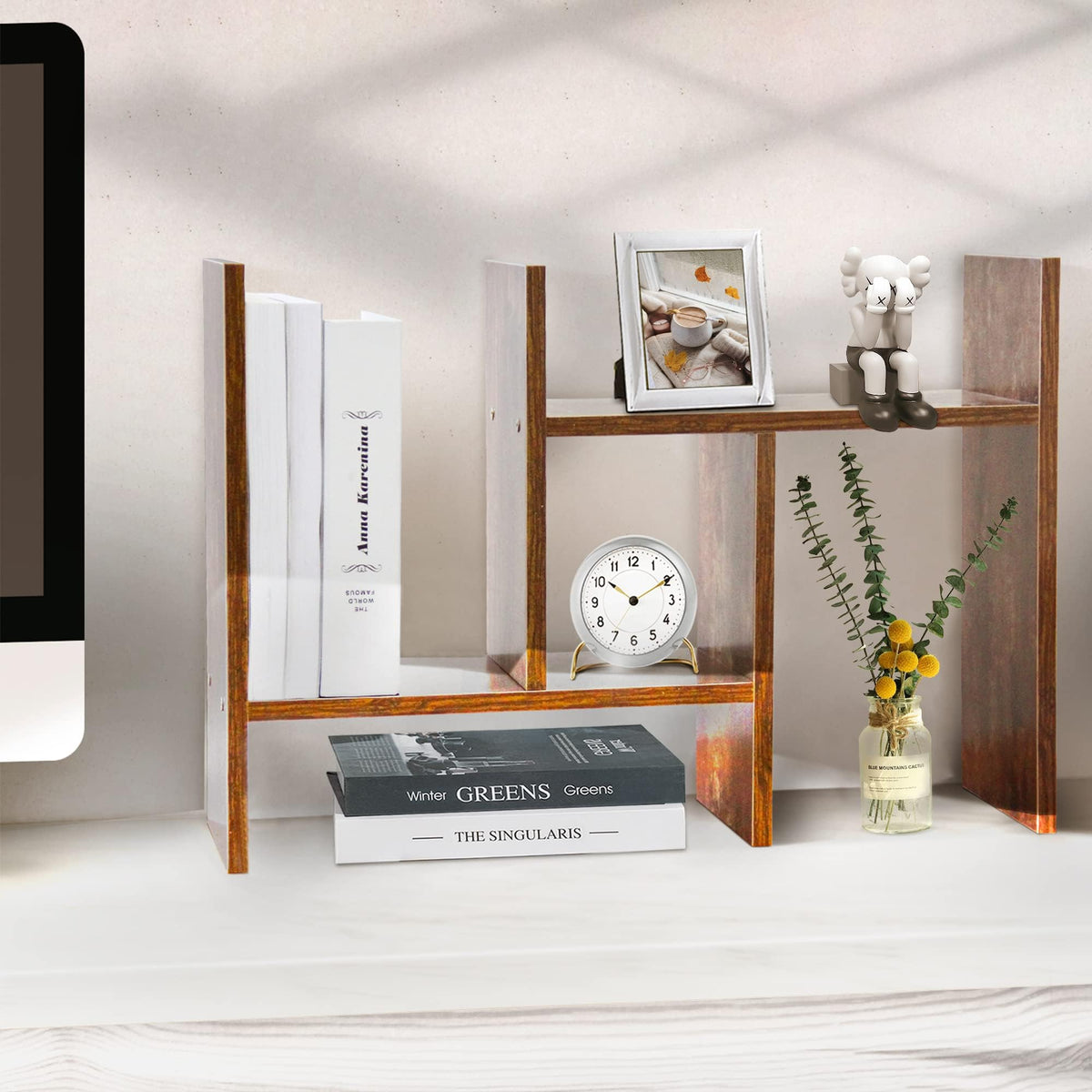 BROWN-BROWN Adjustable Wood Desk Shelf Organizer Office Home Multipurpose Desktop Shelf, Display