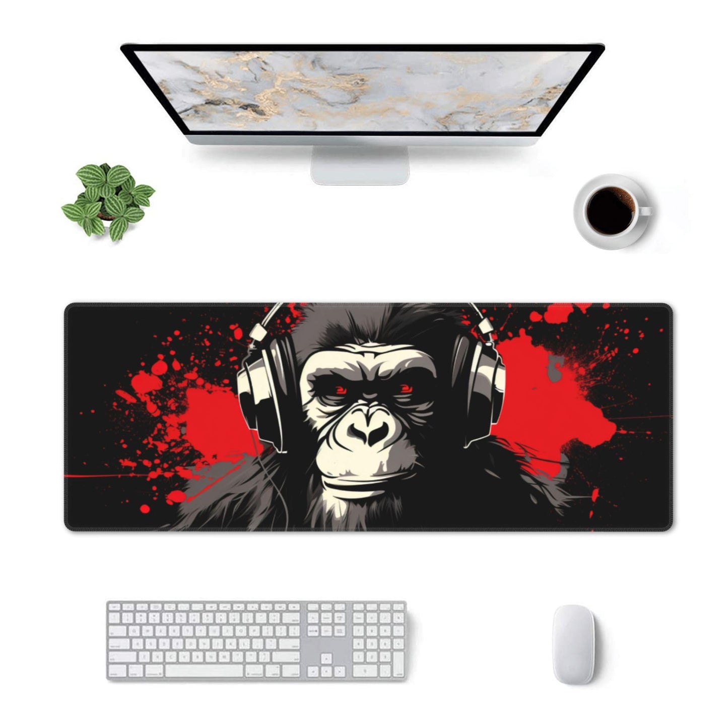 Stylish Gorilla with Headphones Against Themed Mouse Pad 31.5 x 12 Inch, Anti-Slip Rubber Base