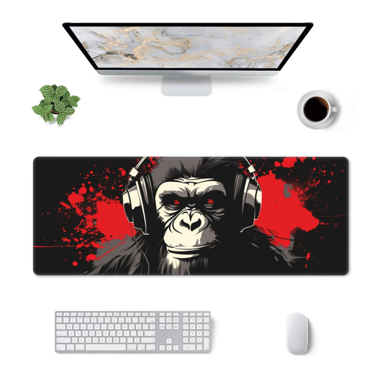 Stylish Gorilla with Headphones Against Themed Mouse Pad 31.5 x 12 Inch, Anti-Slip Rubber Base