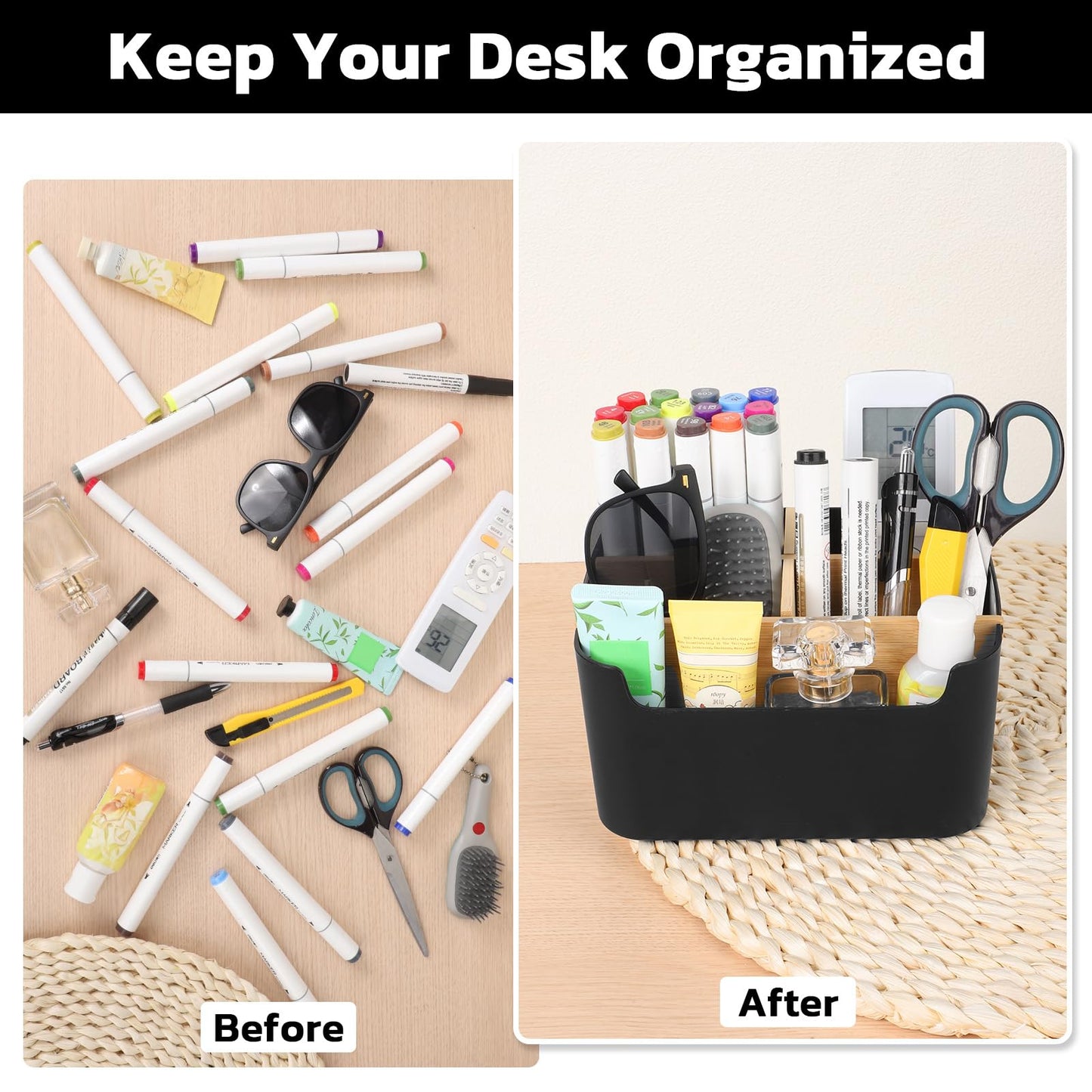 Segarty Black Desktop Organizer, Detachable Bamboo Remote Control Holder, Desk Storage Box Pencil