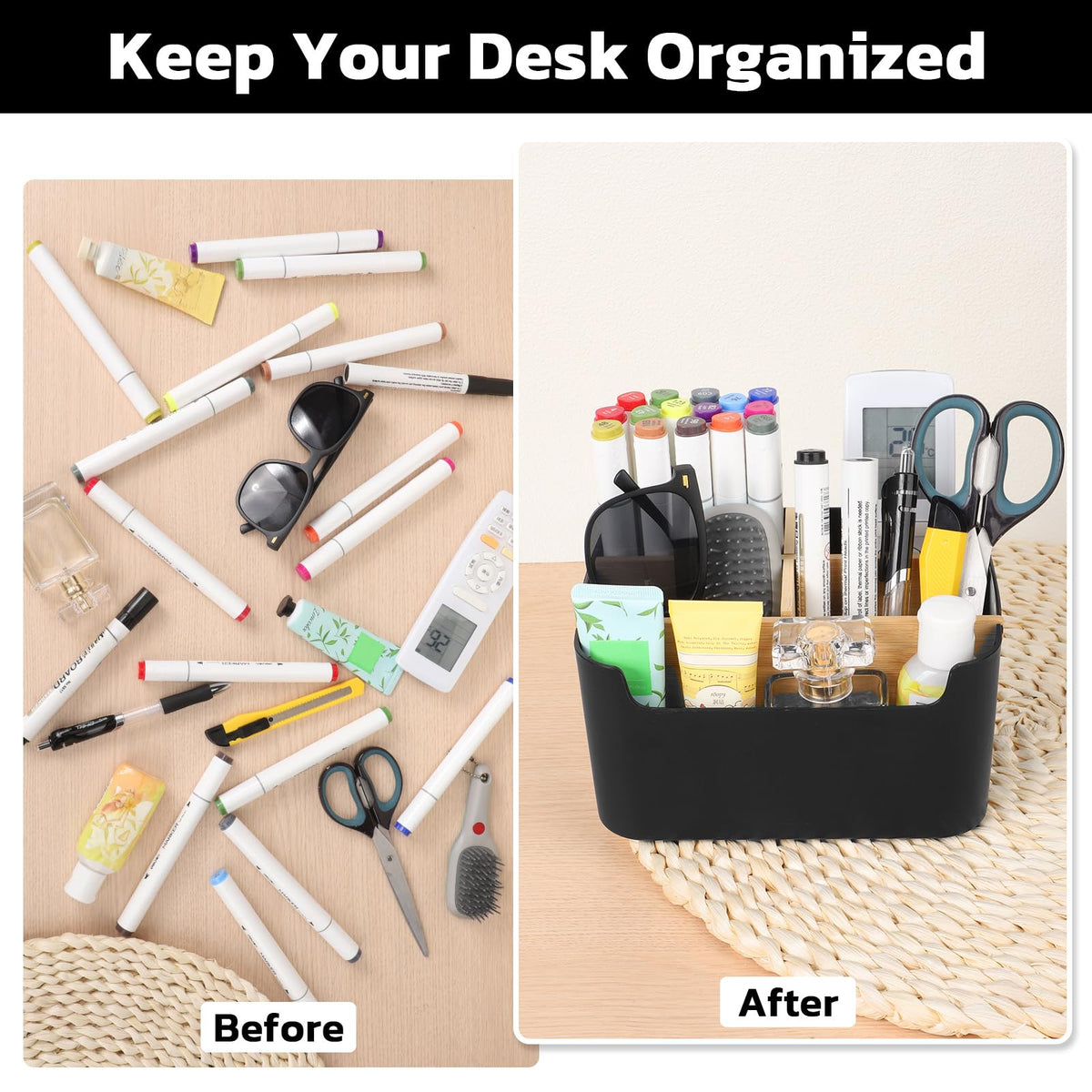 Segarty Black Desktop Organizer, Detachable Bamboo Remote Control Holder, Desk Storage Box Pencil