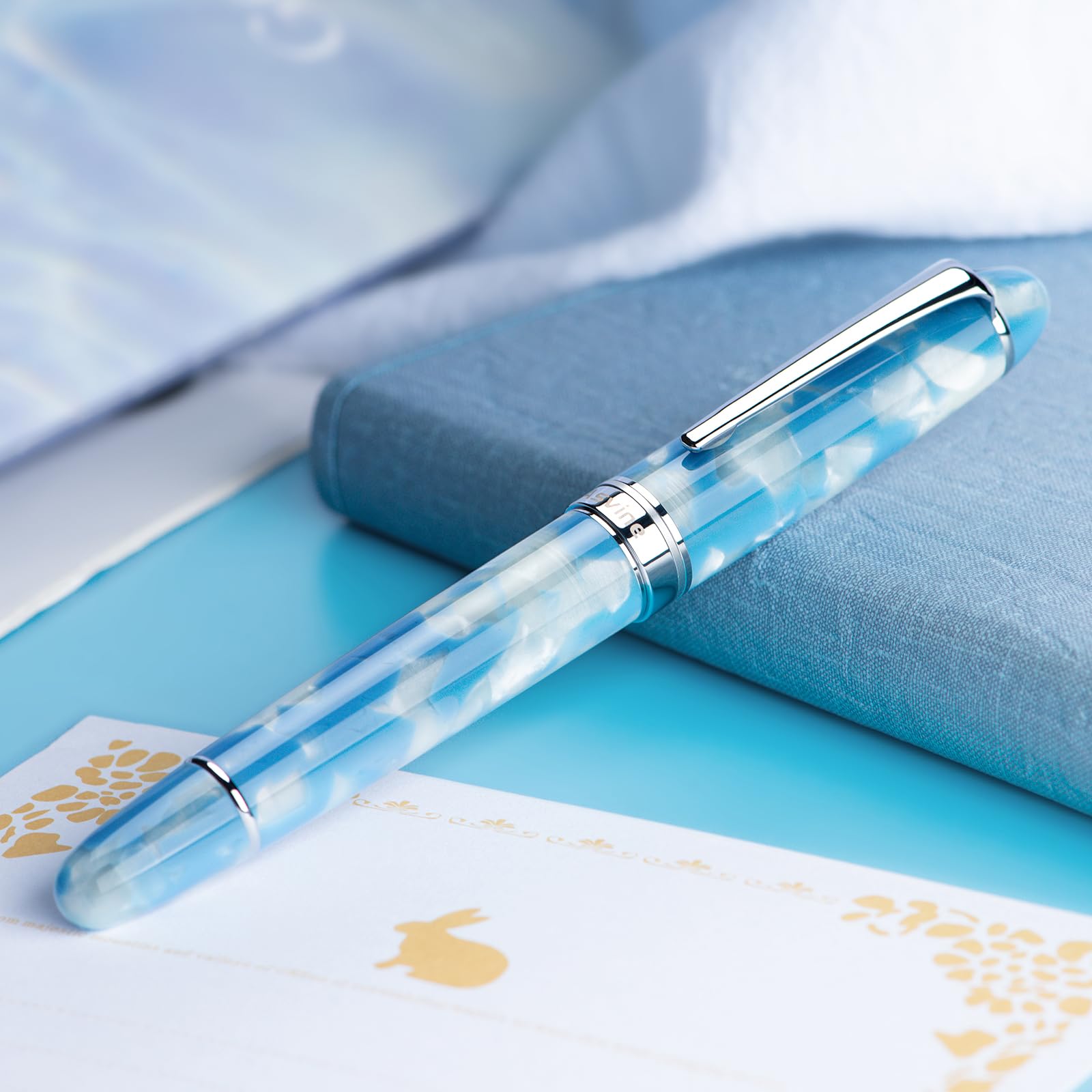 Asvine P50 Piston Fountain Pen Bock Medium Nib Sky Blue Resin, Silver Trim Smooth Writer Collection