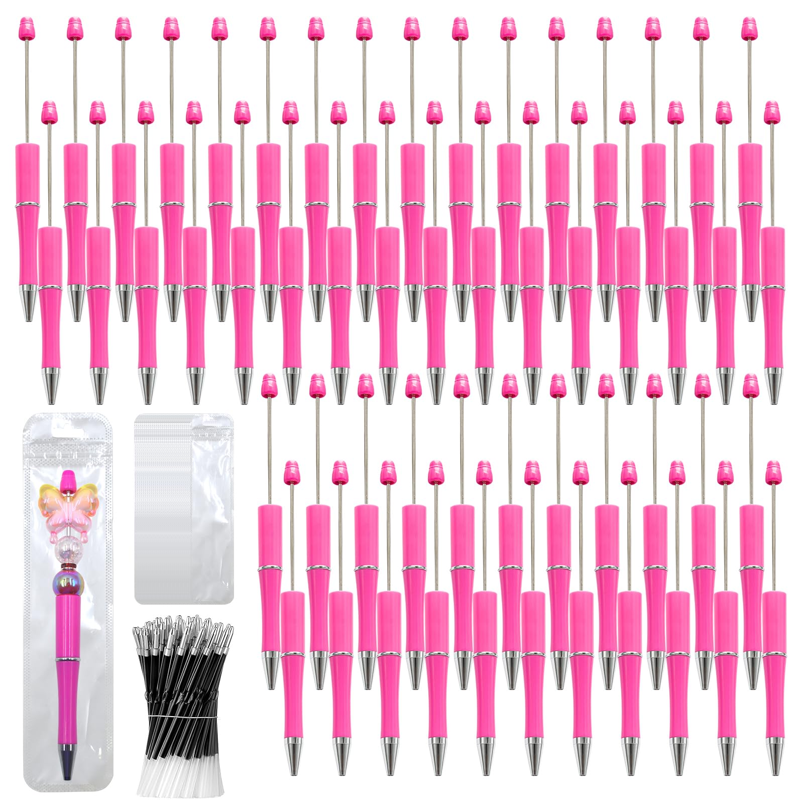 DASTTUIS 300 Pieces DIY Beadable Pen Kit – 100 Plastic Ballpoint Pens with Refills & Bags – School