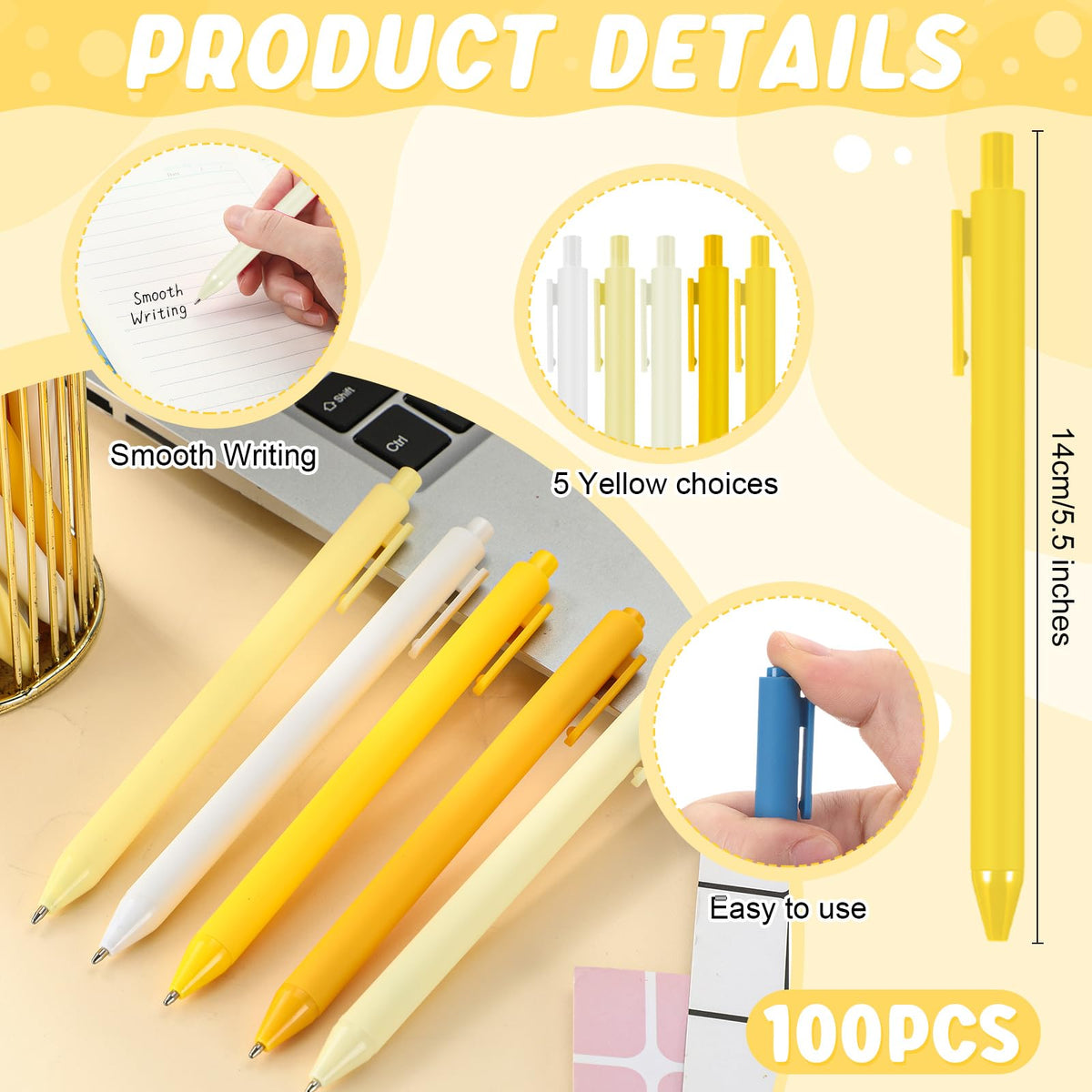 Dinifee 100 Pcs Ballpoint Gel Pens Bulk Retractable, Yellow Series