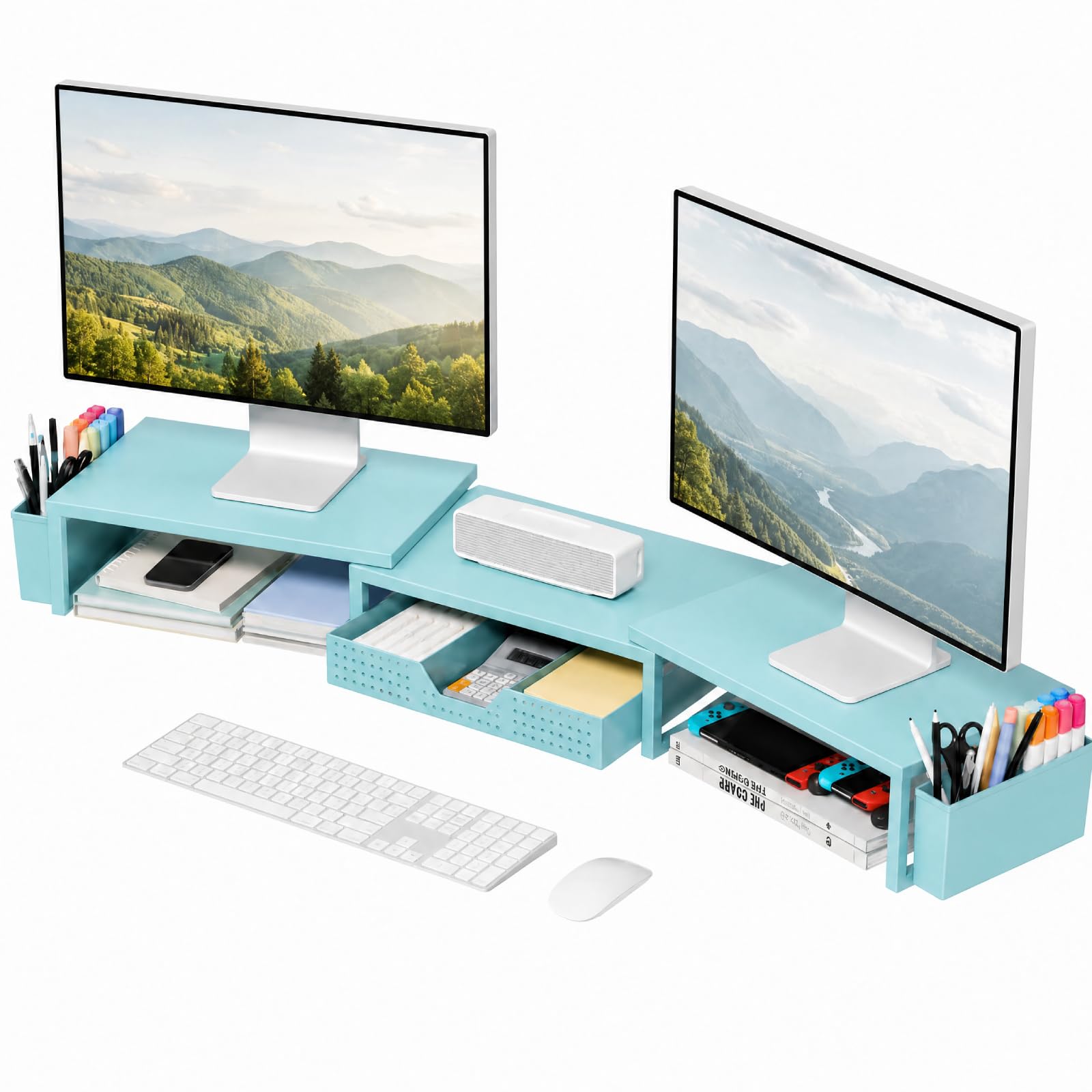 Desk Organizers and Accessories, Dual Monitor Stand Riser with Drawer and 2 Pen Holders, Desk Shelf