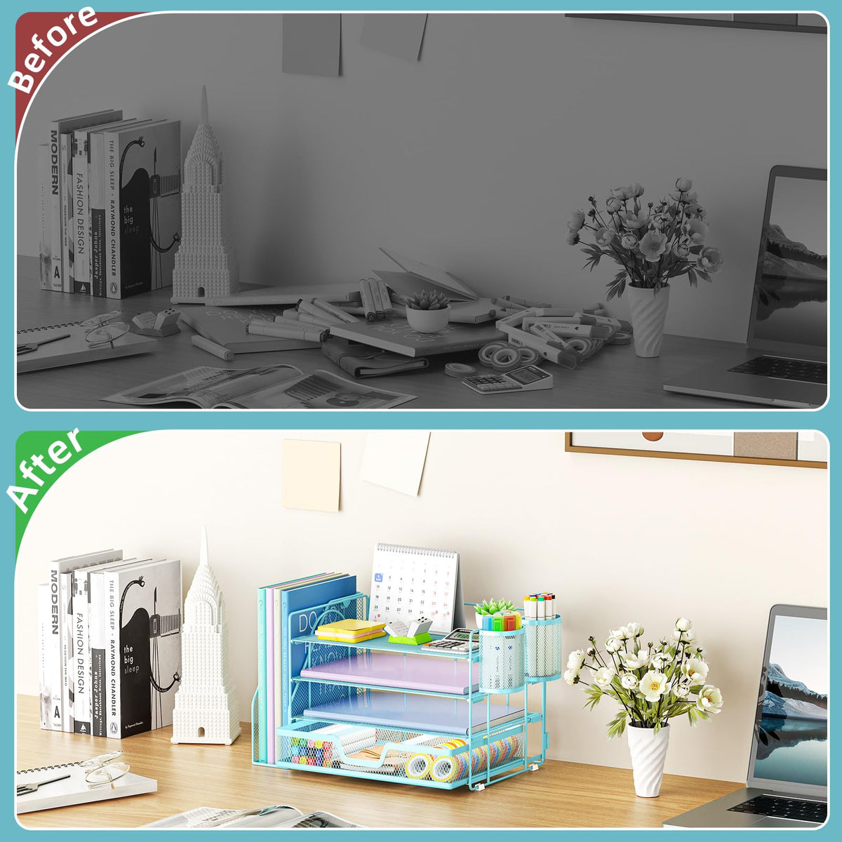Marbrasse 4-Tier Paper Tray Organizer with Drawer and Pen Holder, Blue