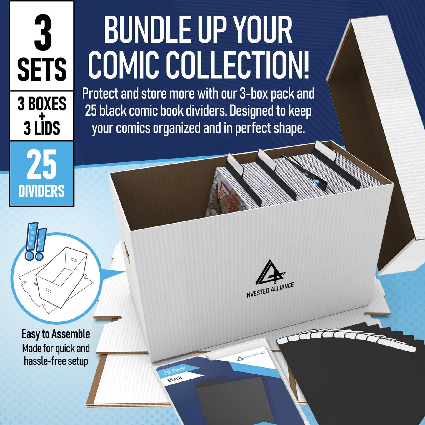 Invested Alliance Bundle Set Premium Short Comic Book Storage Box Organizer with Lid | Thick
