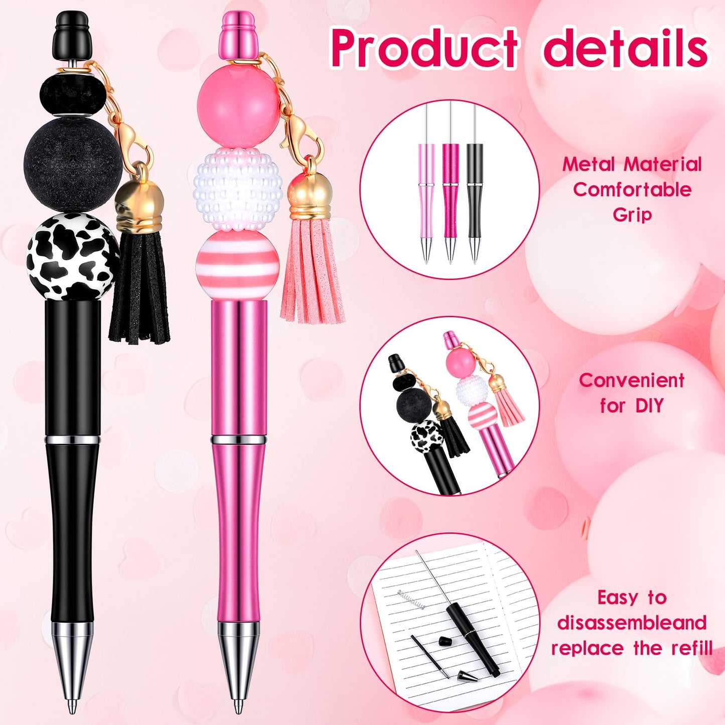 Tinlade 12 Beadable Pens Bulk with 50 Beads Multicolor DIY, Cute Style