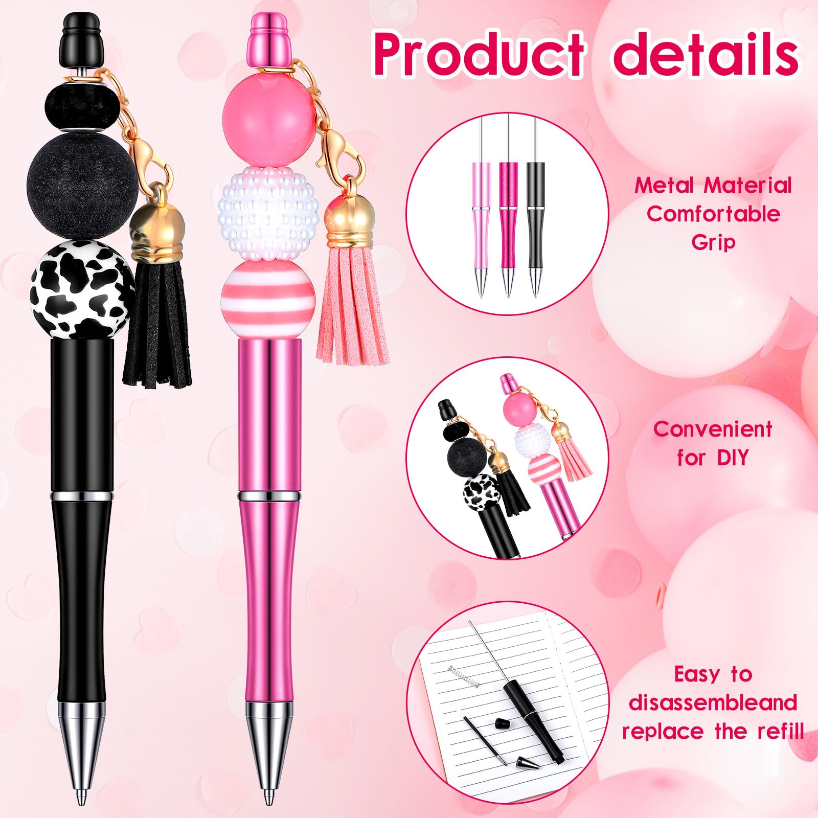 Tinlade 12 Beadable Pens Bulk with 50 Beads Multicolor DIY, Cute Style